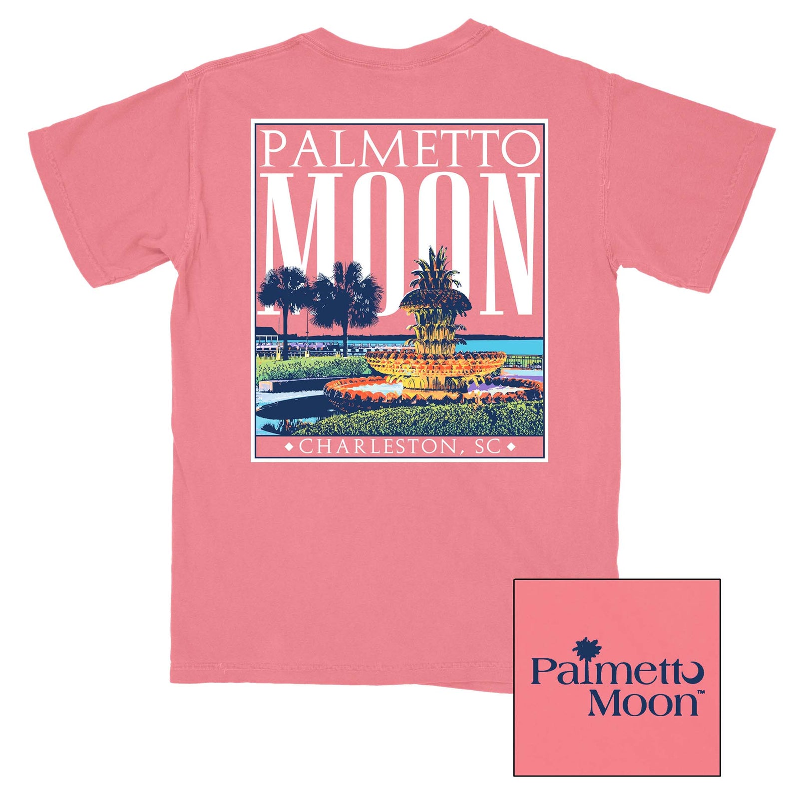 Palmetto Moon short sleeve t-shirt, unisex sizing.  On the back, this shirt has a vibrant design of Charleston's iconic Pineapple Fountain with palm trees and the Charleston Harbor in the background.  Typed in bold letters is Palmetto Moon, above, and Charleston, SC, below the design.   On the front, the Palmetto Moon logo is printed on the left chest.  Colors available are Sky Blue and Coral.  Made with 100% cotton, this shirt is perfect for all day wear!  Included in Palmetto Moon's 2 for $30 shirt promo.