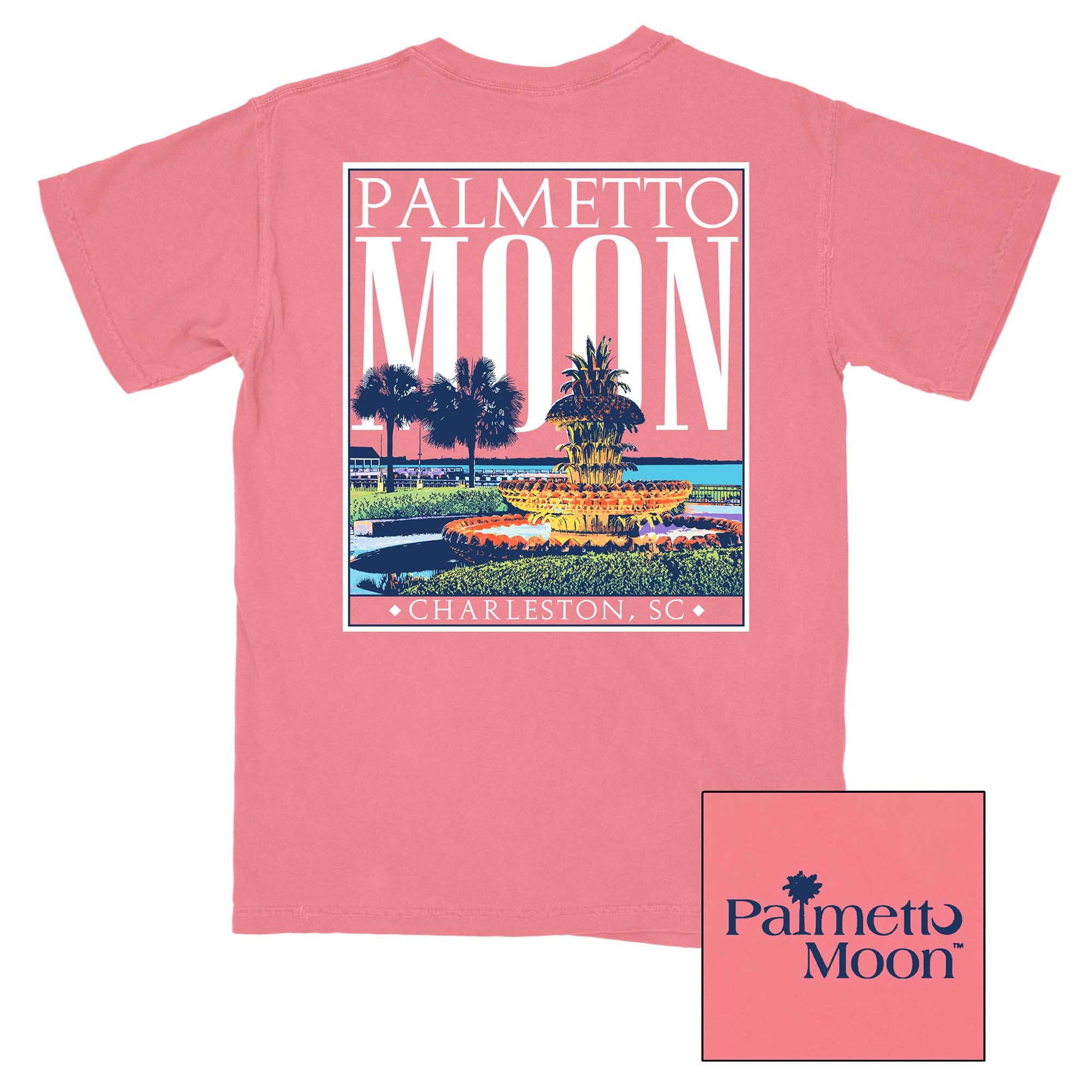 Palmetto Moon short sleeve t-shirt, unisex sizing.  On the back, this shirt has a vibrant design of Charleston's iconic Pineapple Fountain with palm trees and the Charleston Harbor in the background.  Typed in bold letters is Palmetto Moon, above, and Charleston, SC, below the design.   On the front, the Palmetto Moon logo is printed on the left chest.  Colors available are Sky Blue and Coral.  Made with 100% cotton, this shirt is perfect for all day wear!  Included in Palmetto Moon's 2 for $30 shirt promo.