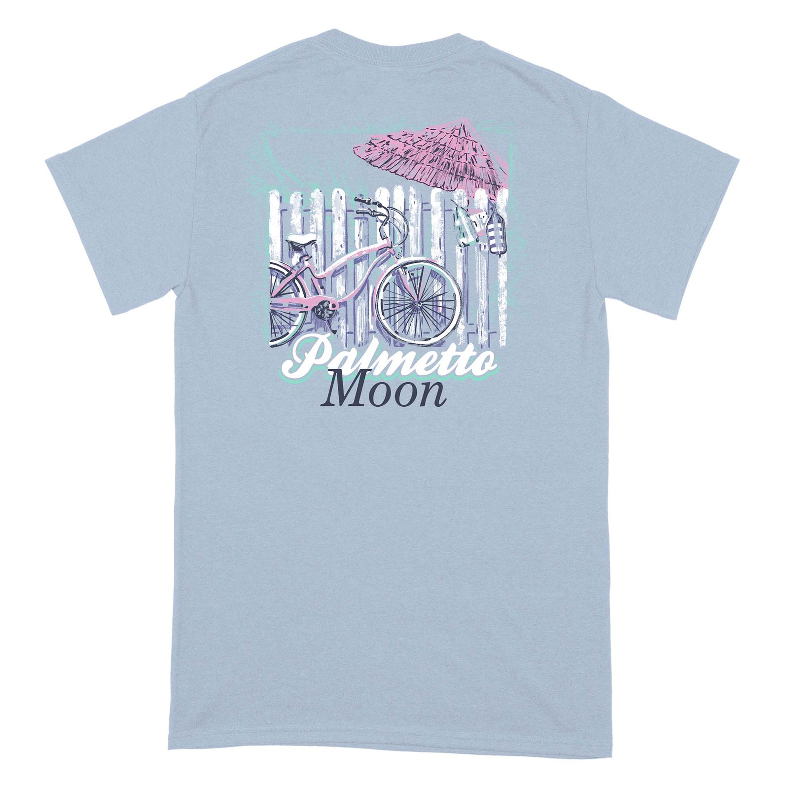 Light blue Palmetto Moon t-shirt with a back graphic of a pink bike, white fence, and umbrella. “Palmetto Moon” text is printed across the bottom of the design.