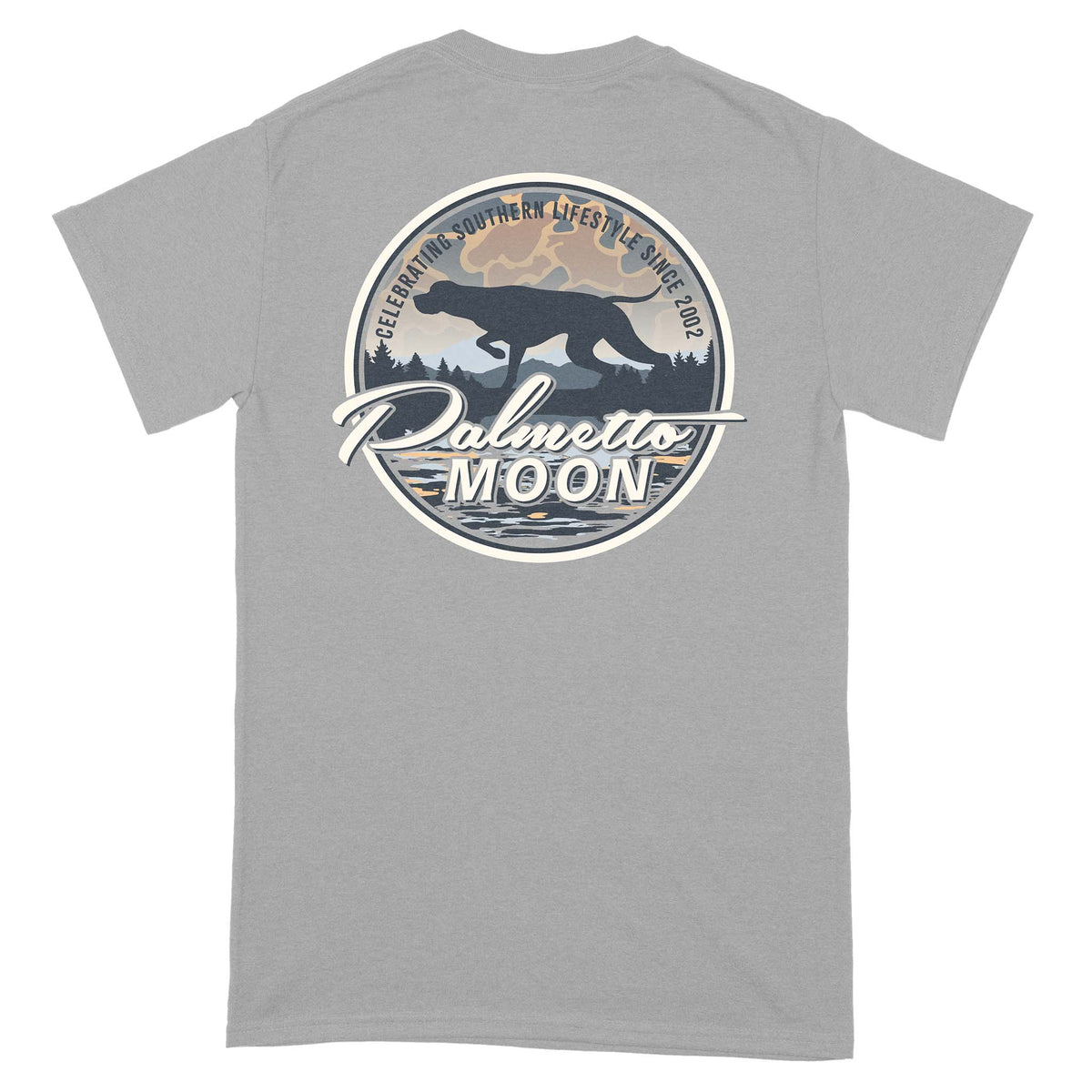 Back view of gravel gray Palmetto Moon t-shirt with circular graphic of a bear silhouette over camo mountains, logo text, and phrase “Celebrating Southern Lifestyle Since 2002.”