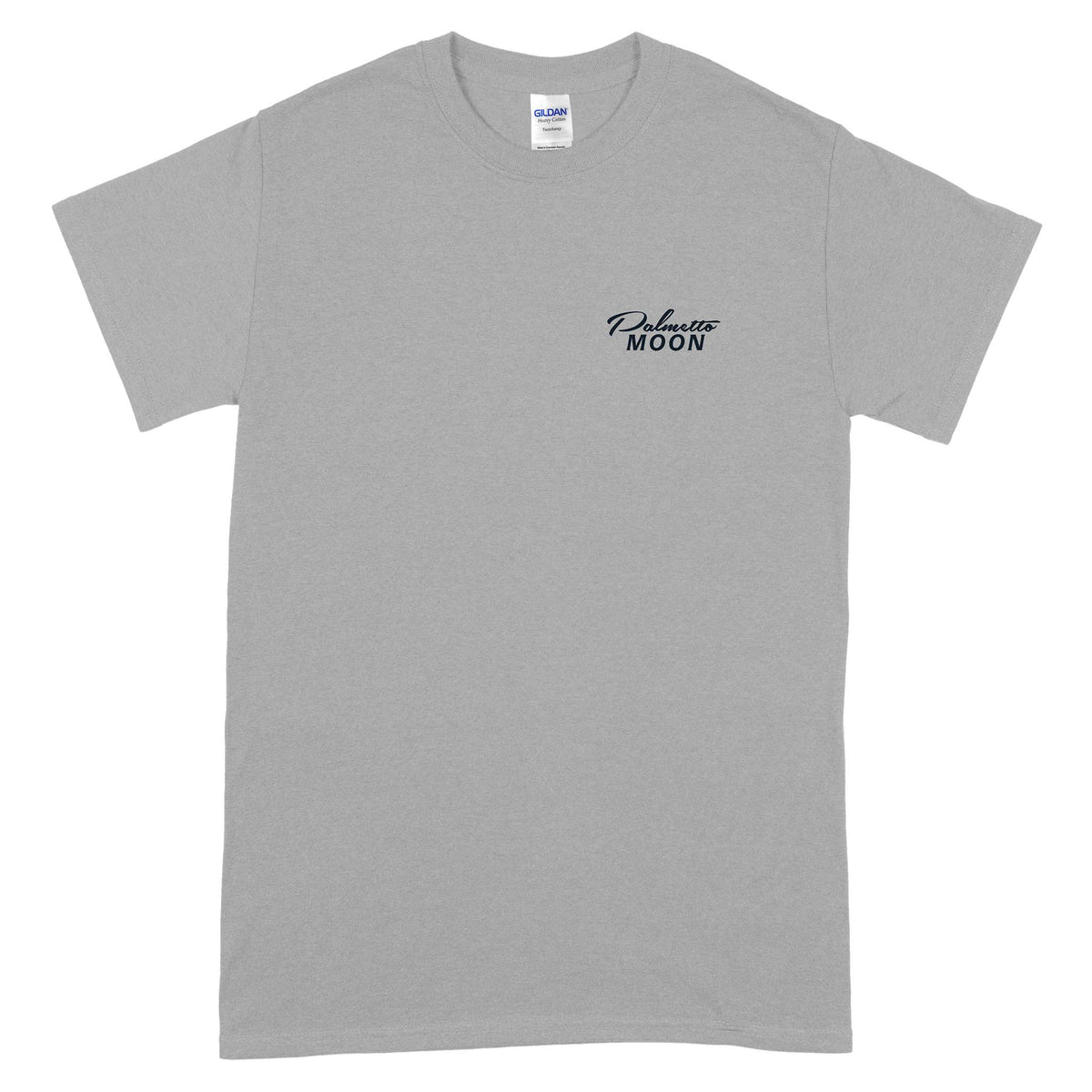 Front view of gravel gray Palmetto Moon t-shirt with small navy logo text on the left chest.