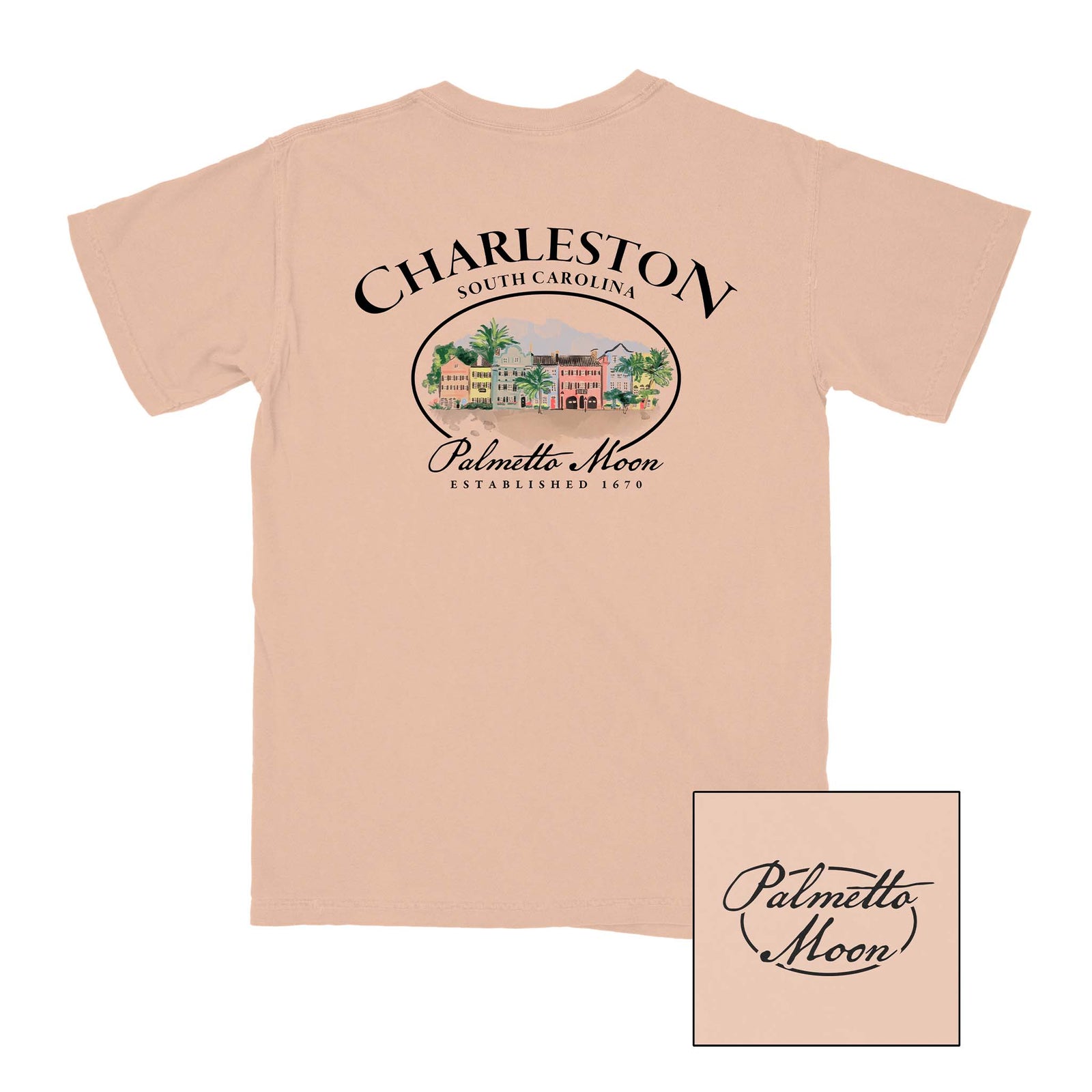 Palmetto Moon Rainbow Row Short Sleeve T-shirt, color dusty rose, sizes S-XXXL, unisex sizing, 100% cotton.
The back of this shirt features an oval filled with an artistic rendition of Charleston's iconic Rainbow Row.  Charleston, SC is printed above.  Palmetto Moon is printed below.  Front features palmetto moon on the left chest.