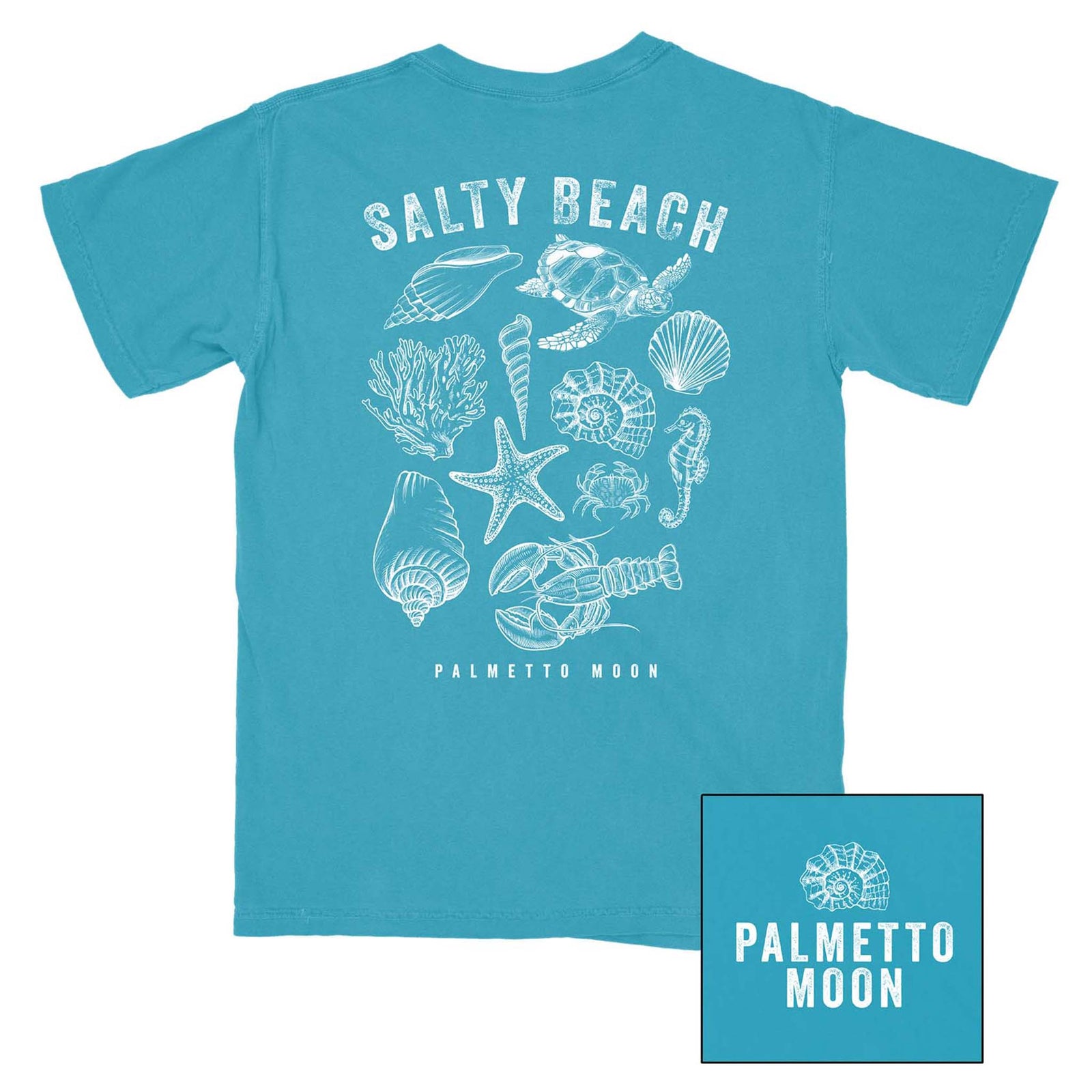 Palmetto Moon Salty Beach tee in tropical blue with white sea life graphics and “Salty Beach” text. Includes shells, coral, starfish, sea turtle, and Palmetto Moon text below.