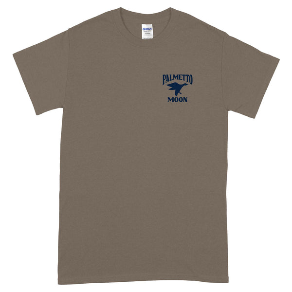 Brown t-shirt with blue graphic and text on a white background