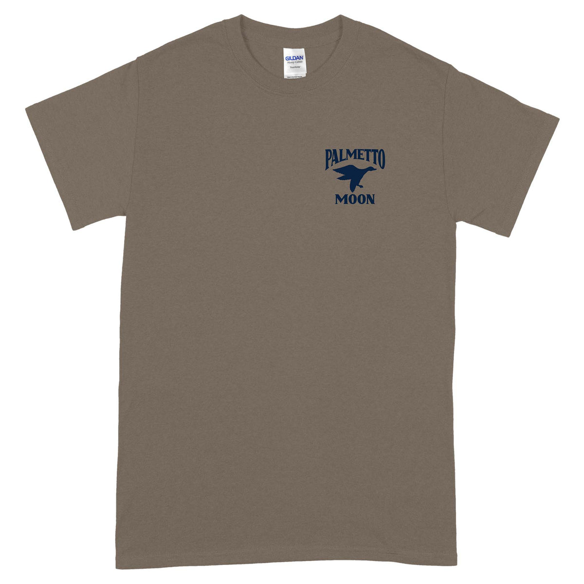 Brown t-shirt with blue graphic and text on a white background