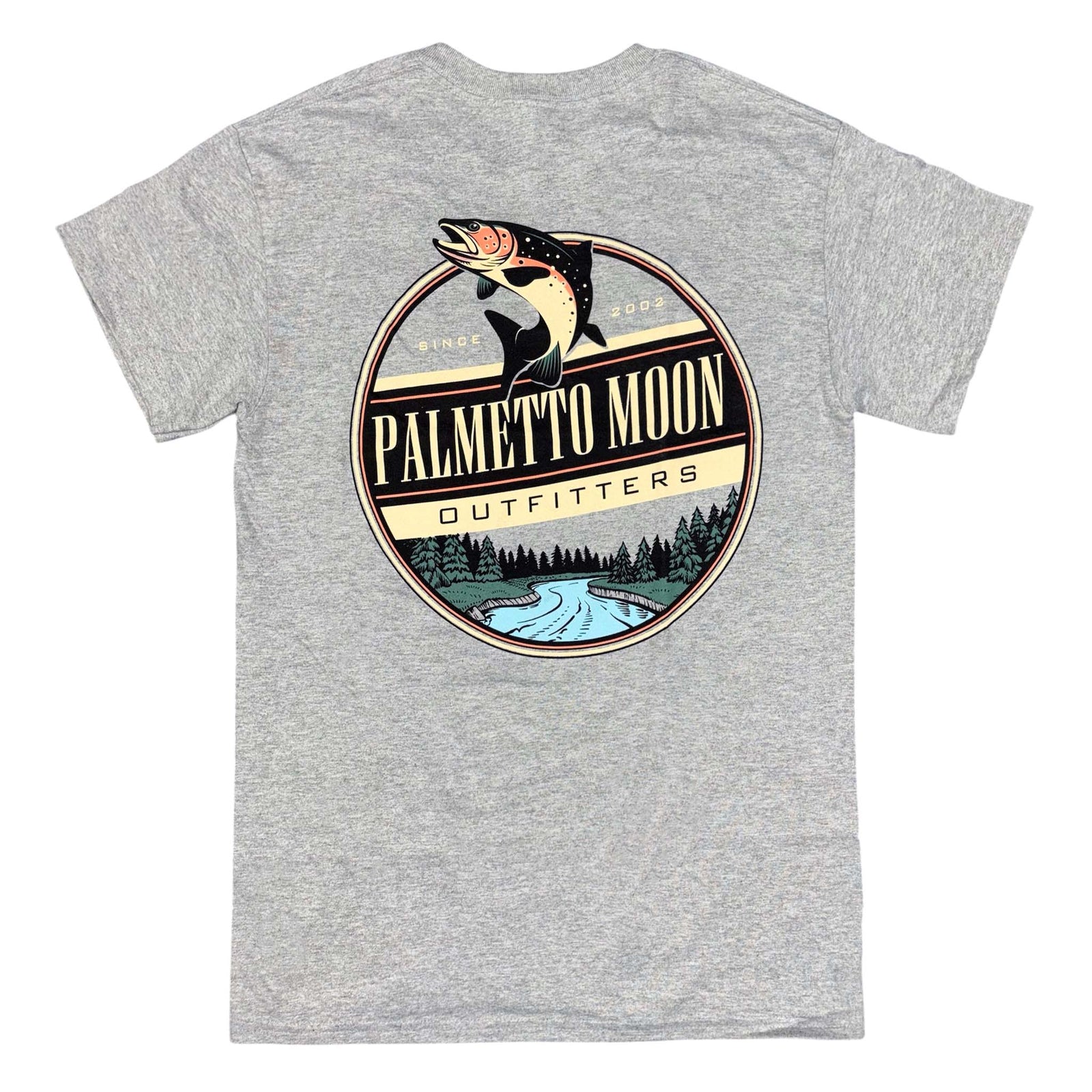 Palmetto Moon Outfitters sport grey tee with circular back graphic featuring a leaping fish, forest scene, and river design with “Palmetto Moon Outfitters” text.