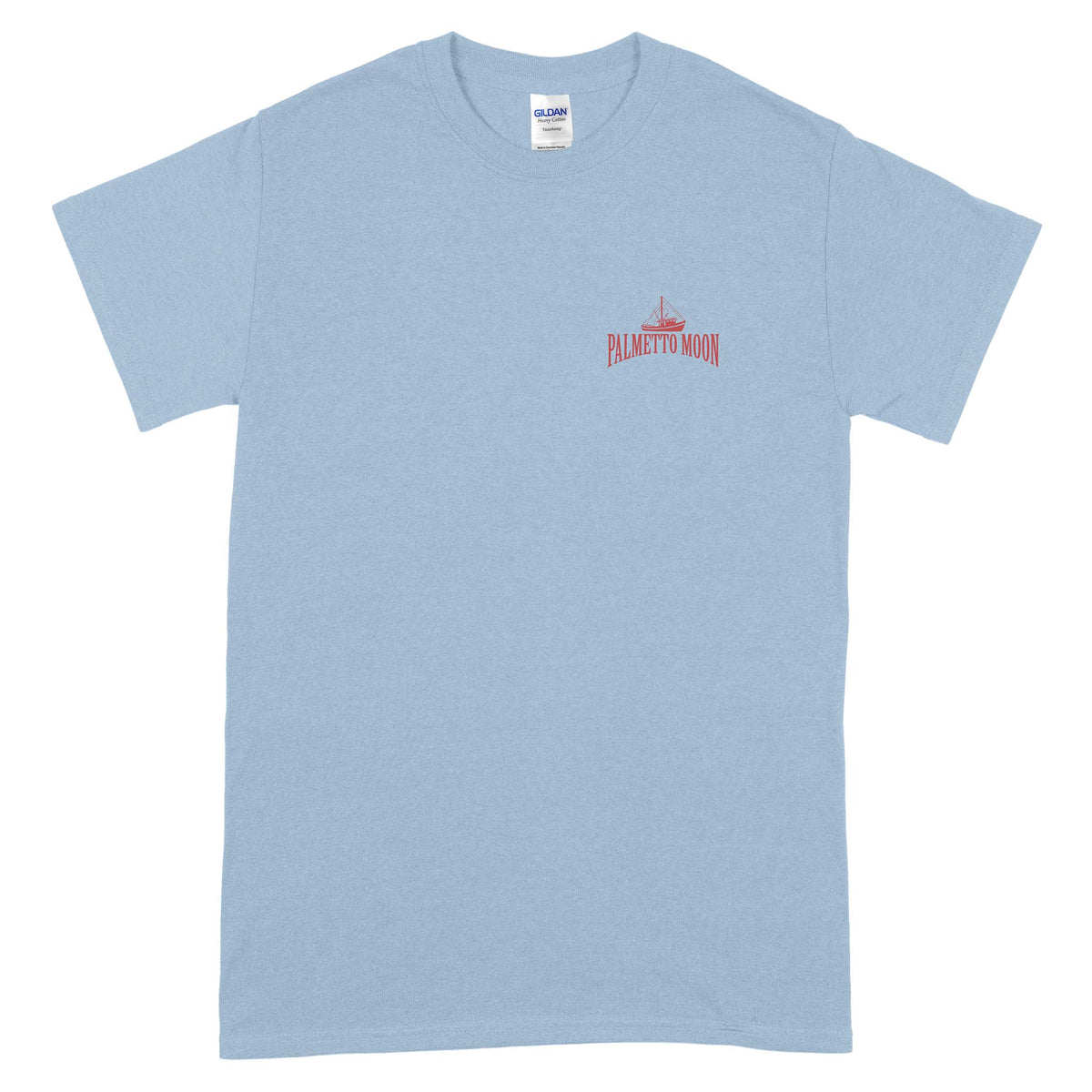 Front view of light blue Palmetto Moon t-shirt with small red logo and shrimp boat graphic on the left chest.
