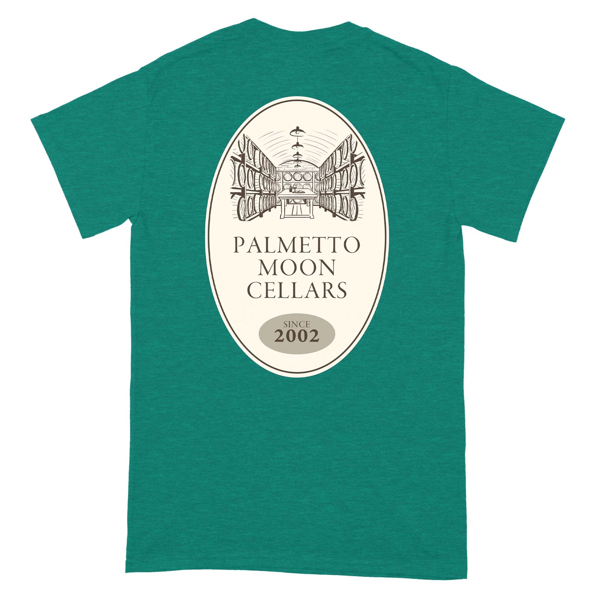 Teal t-shirt with 'Palmetto Moon Cellars' logo on a white background