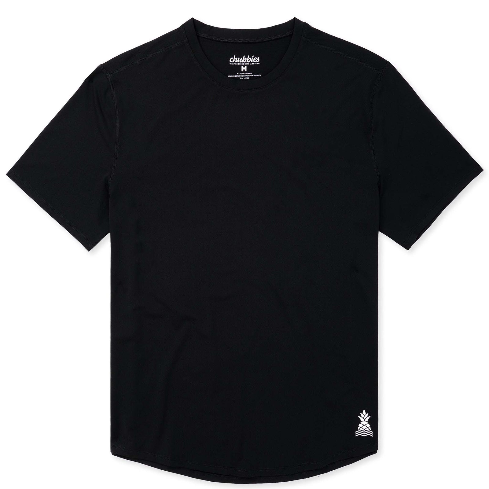 Chubbies The Shadowstorm Rec Tee; a black athletic short sleeve t-shirt with a small logo shown on a white background