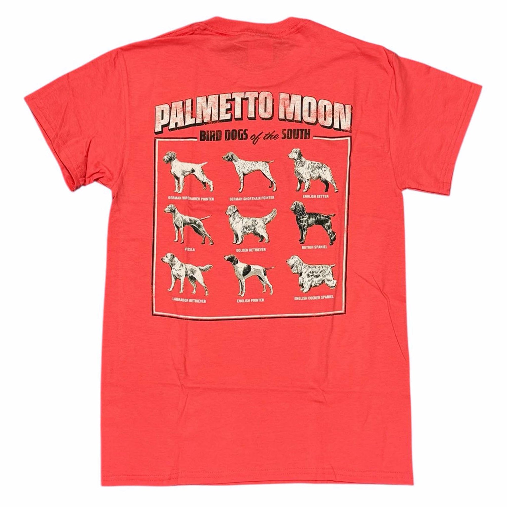 Palmetto Moon Bird Dogs Short Sleeve T-Shirt in bright coral showing a back graphic with a grid of 9 breeds of hunting dogs.