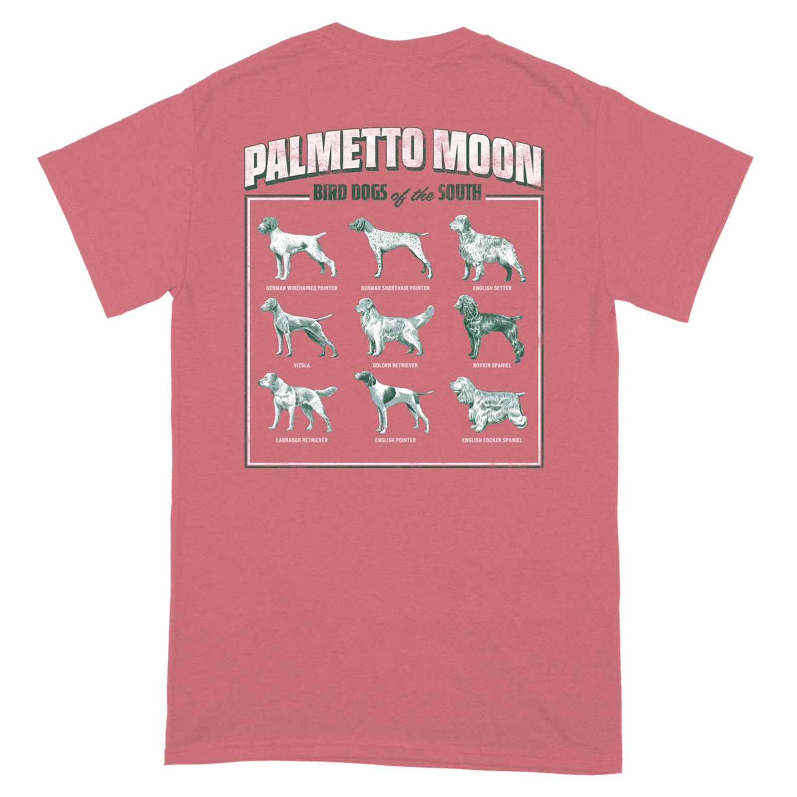 Palmetto Moon Bird Dogs Short Sleeve T-Shirt in bright coral showing a back graphic with a grid of 9 breeds of hunting dogs.