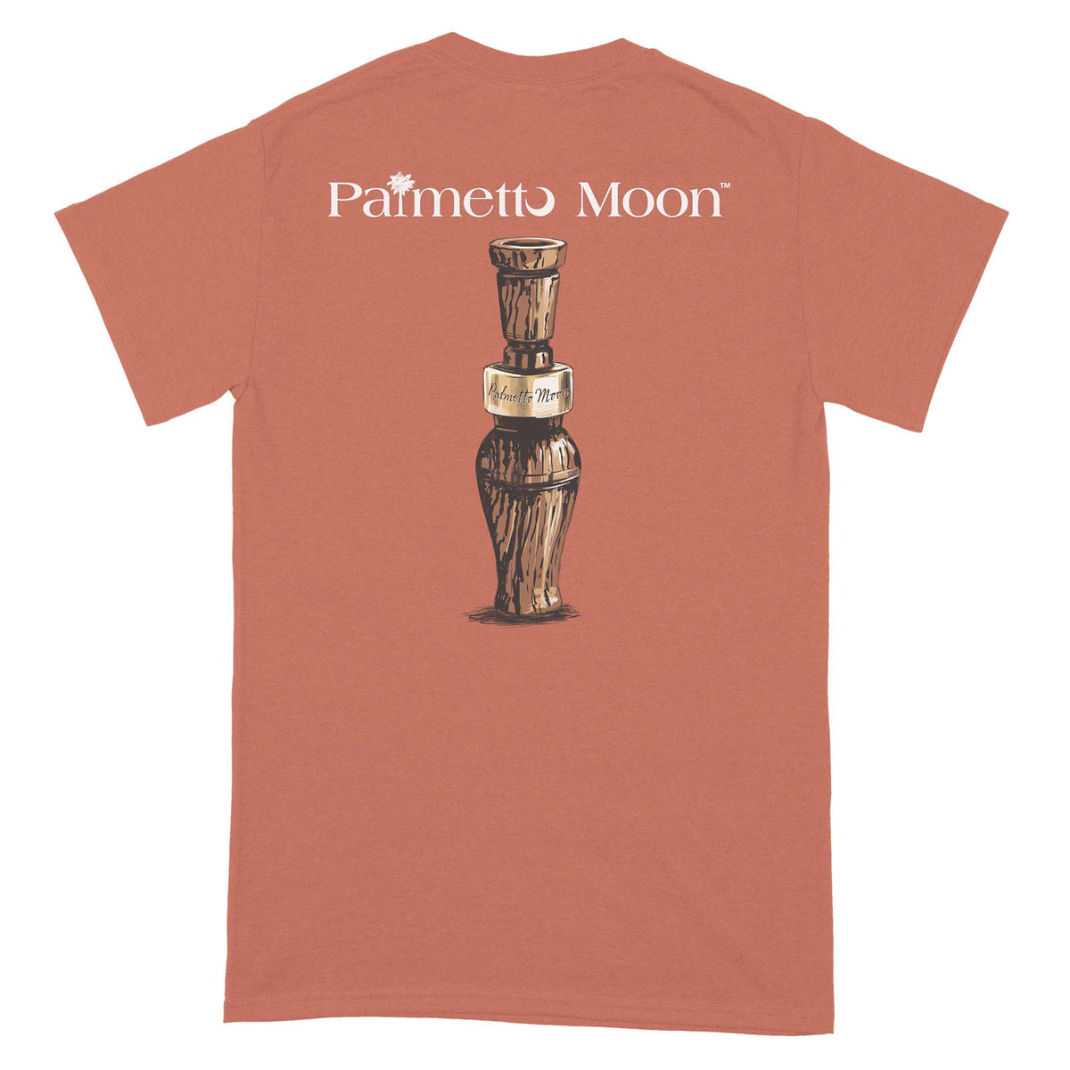 Red t-shirt with 'Palmetto Moon' logo and design on a white background