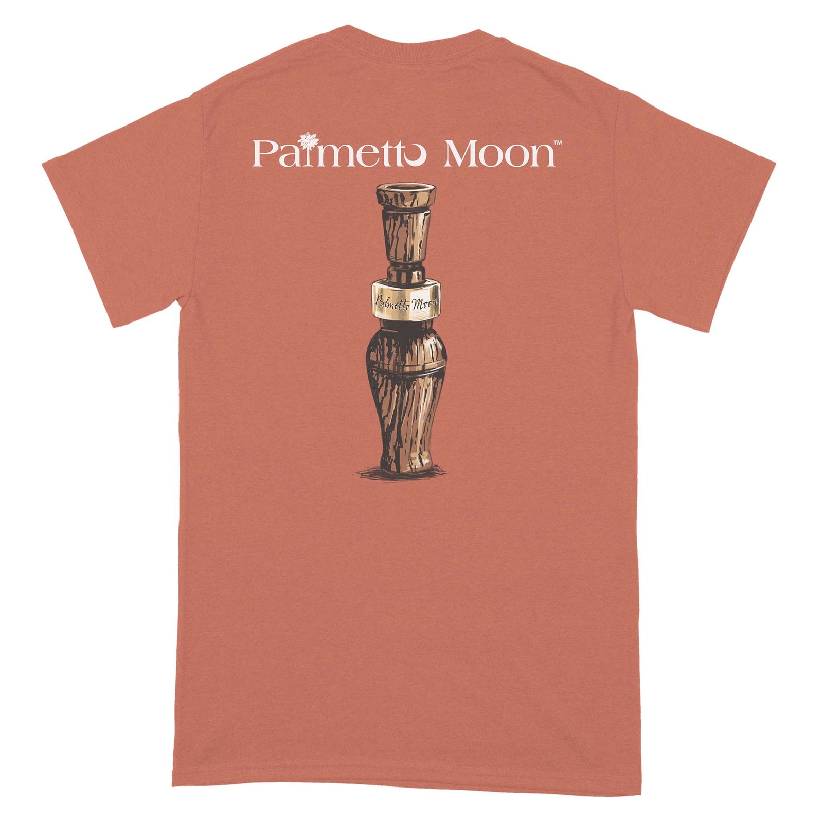 Red t-shirt with 'Palmetto Moon' logo and design on a white background
