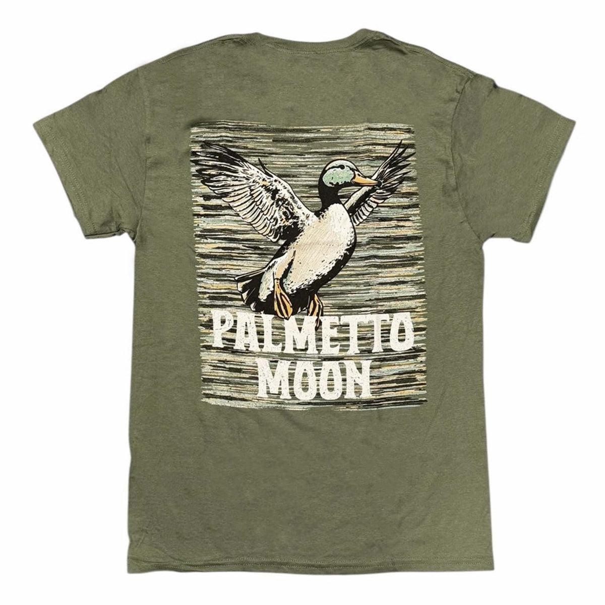 Palmetto Moon Mallard Sketch Short Sleeve T-Shirt in military green with large sketched mallard duck and palmetto moon logo on back