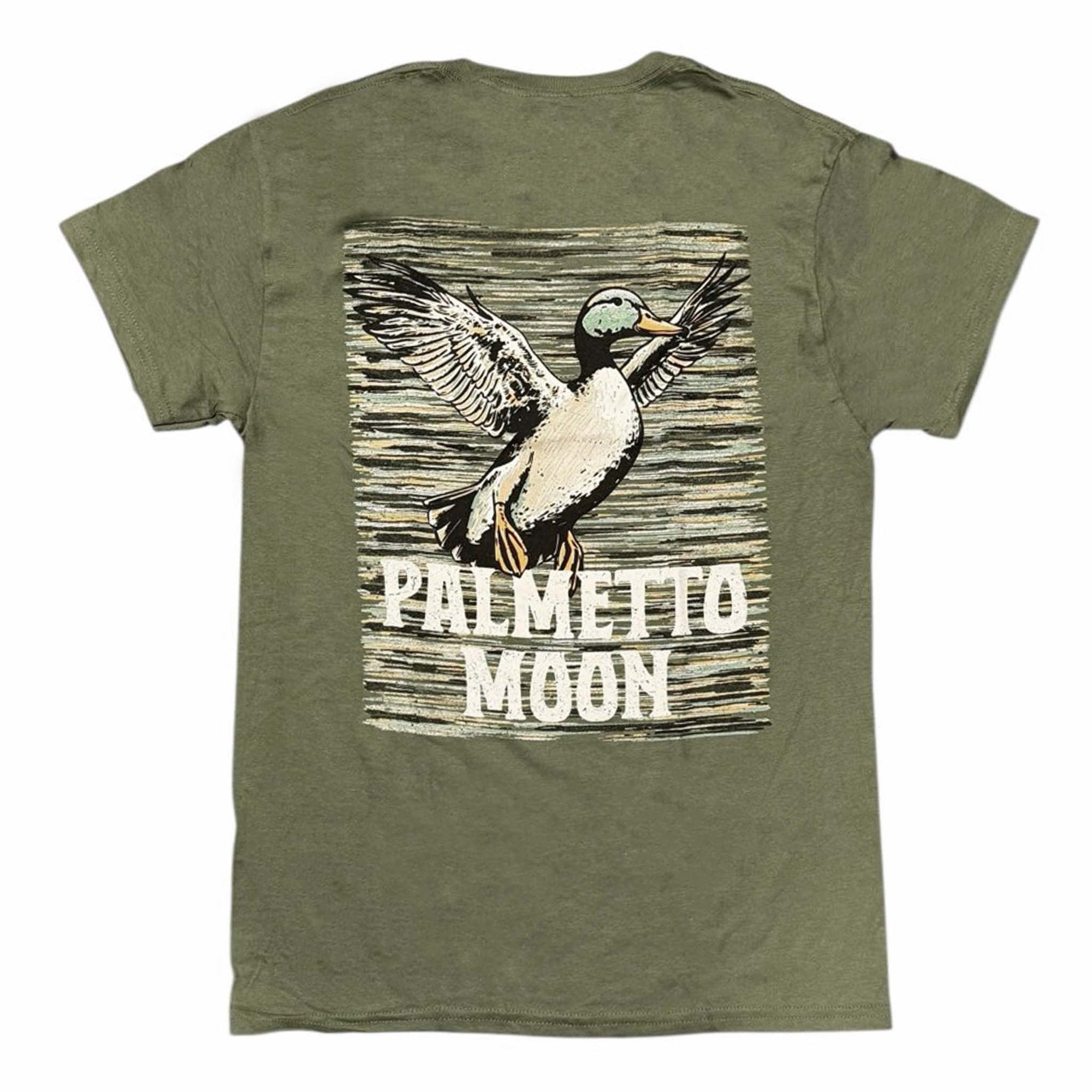Palmetto Moon Mallard Sketch Short Sleeve T-Shirt in military green with large sketched mallard duck and palmetto moon logo on back