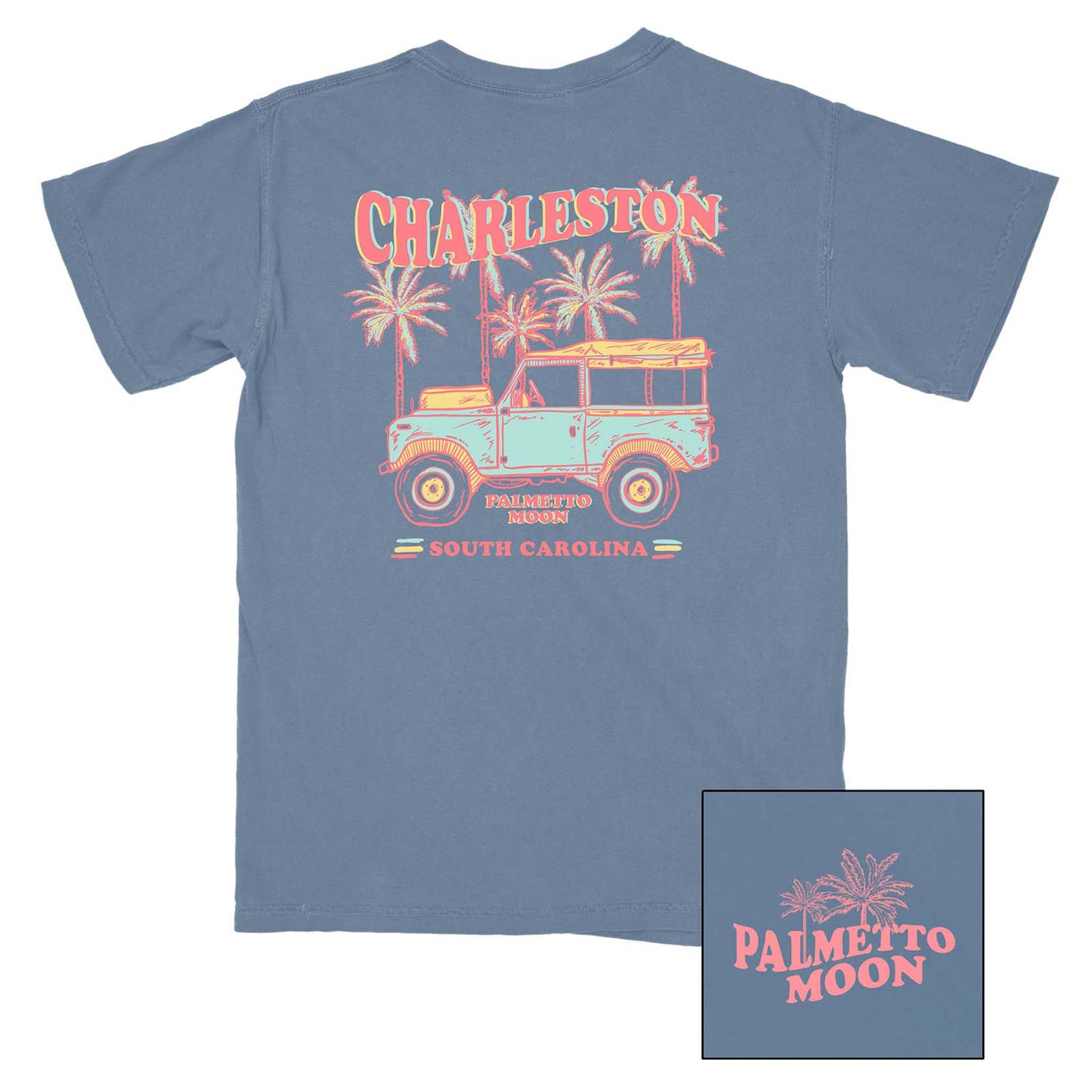 Palmetto Moon Locals Only tee in indigo blue with retro beach vehicle and palm trees. Features “Charleston, South Carolina” in coral and yellow above the Palmetto Moon logo.