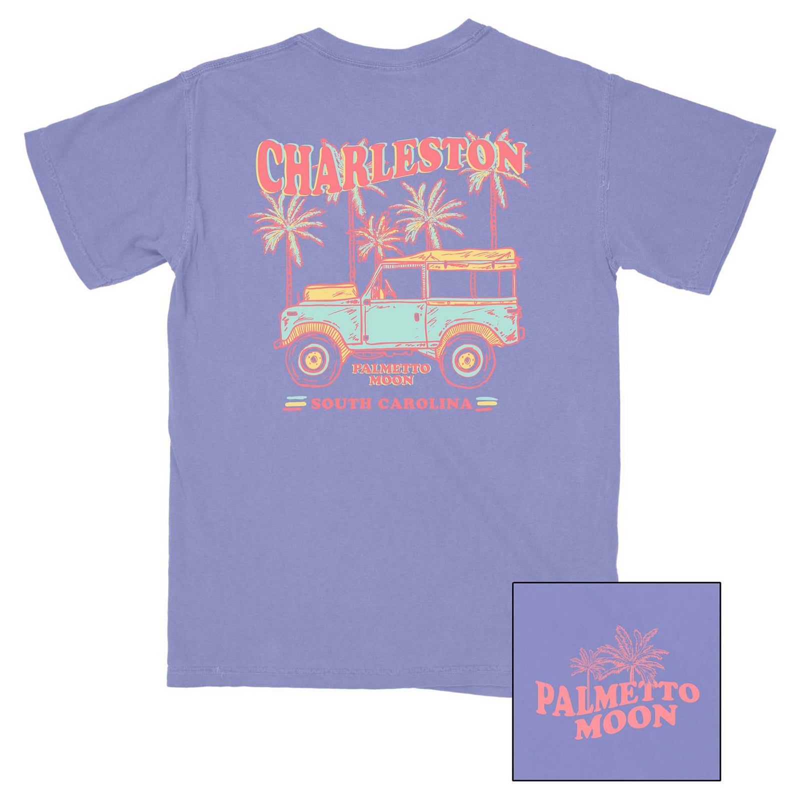 Palmetto Moon unisex short sleeve tee in violet with a coastal SUV and orange palms. Features “Charleston, South Carolina” in coral text and Palmetto Moon branding.