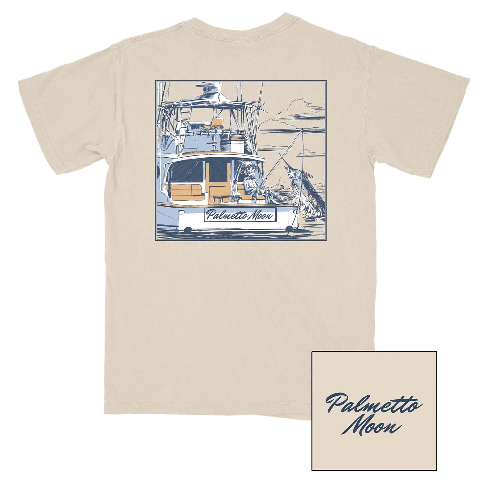 Palmetto Moon Skeleton Yacht tee in natural color with fishing boat and leaping marlin at sunset. Features Palmetto Moon script printed on the back of the boat.