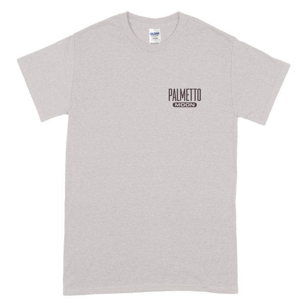  Light gray short sleeve t-shirt with small brown “Palmetto Moon” logo on left chest.