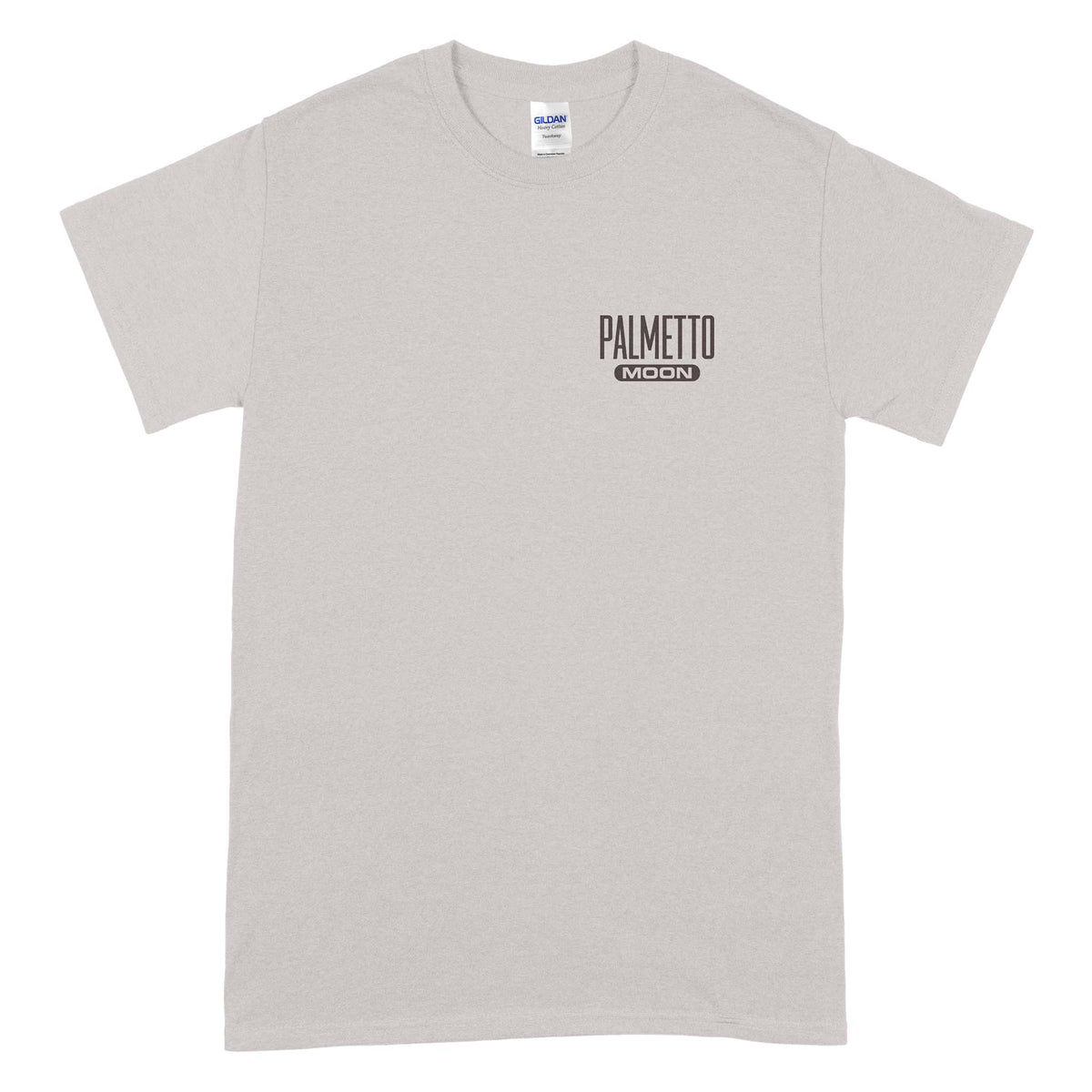 Light gray short sleeve t-shirt with small brown “Palmetto Moon” logo on left chest.