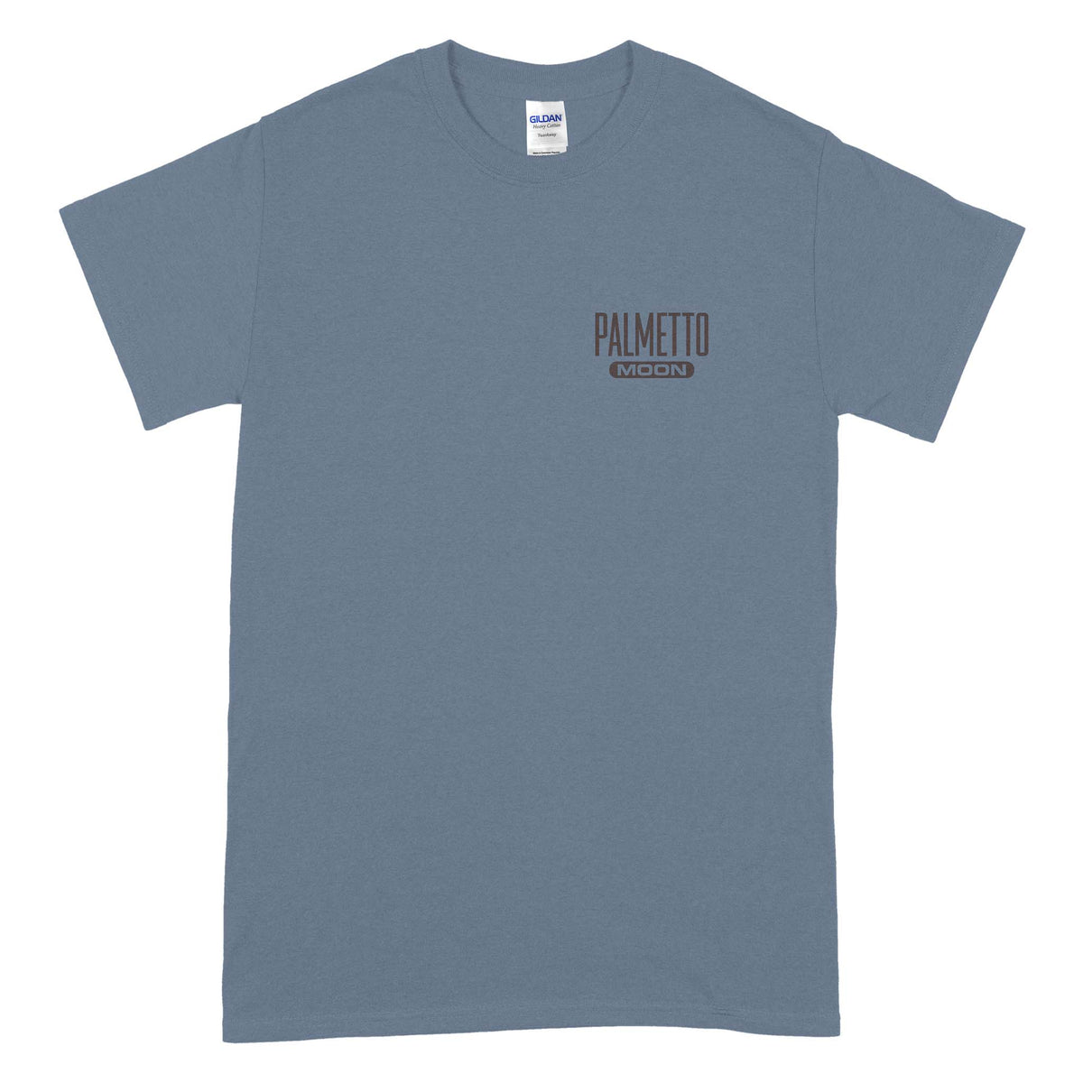 Indigo blue short sleeve t-shirt with small brown “Palmetto Moon” logo on left chest.