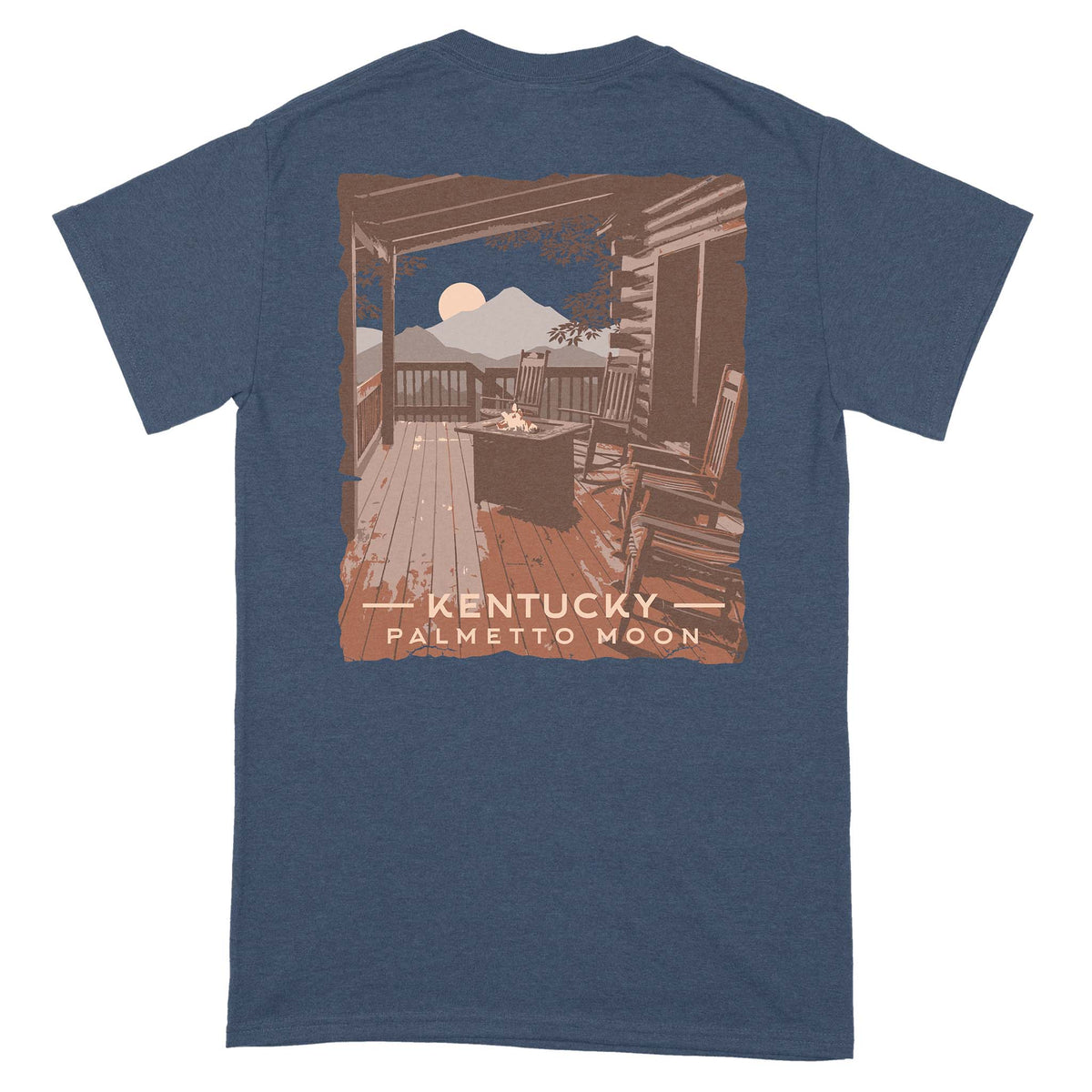 Back view of heather navy Palmetto Moon t-shirt with cabin porch graphic featuring rocking chairs, fire pit, and mountains under a moon, labeled “Kentucky Palmetto Moon.”