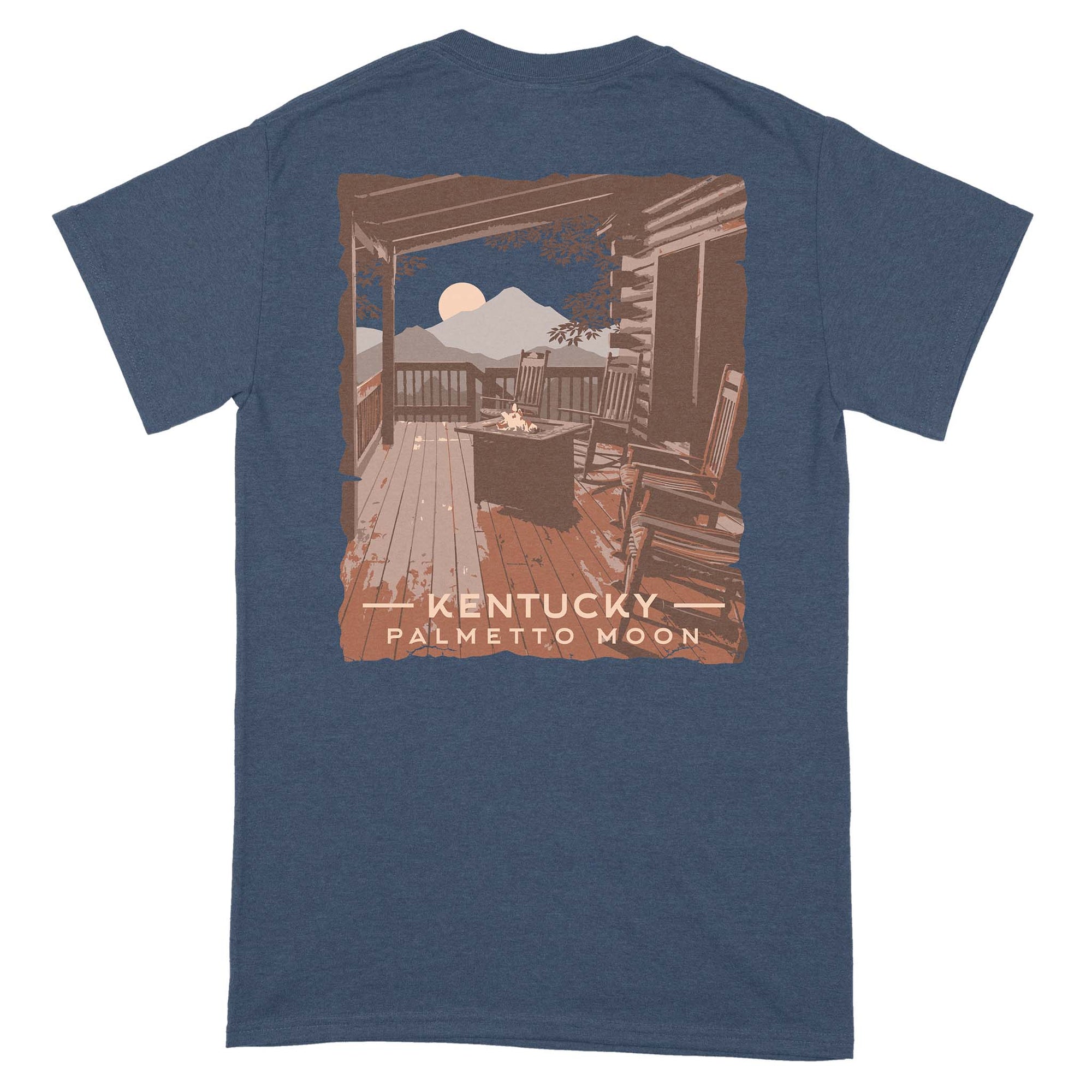 Back view of heather navy Palmetto Moon t-shirt with cabin porch graphic featuring rocking chairs, fire pit, and mountains under a moon, labeled “Kentucky Palmetto Moon.”
