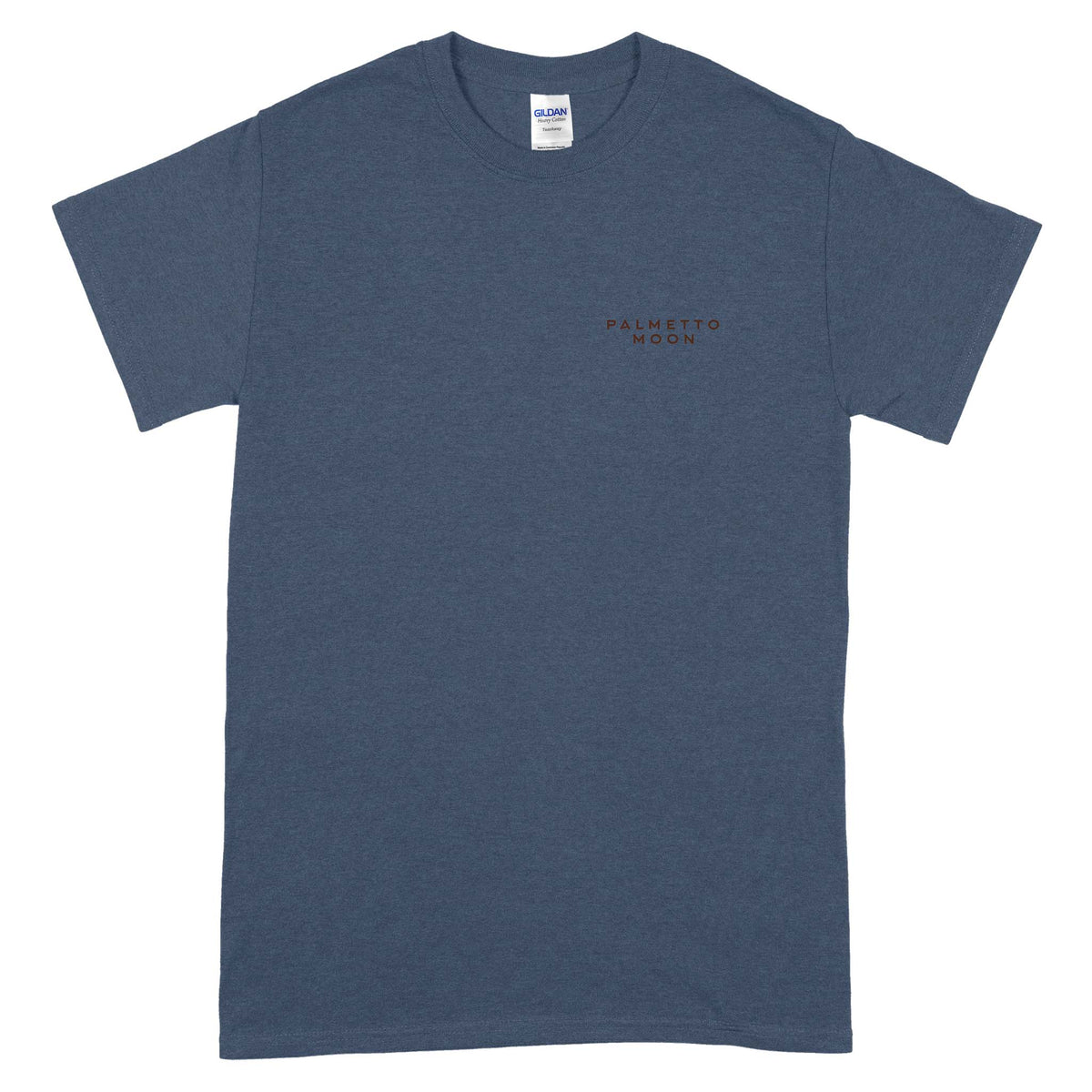 Front view of heather navy Palmetto Moon t-shirt with small logo text on the left chest.