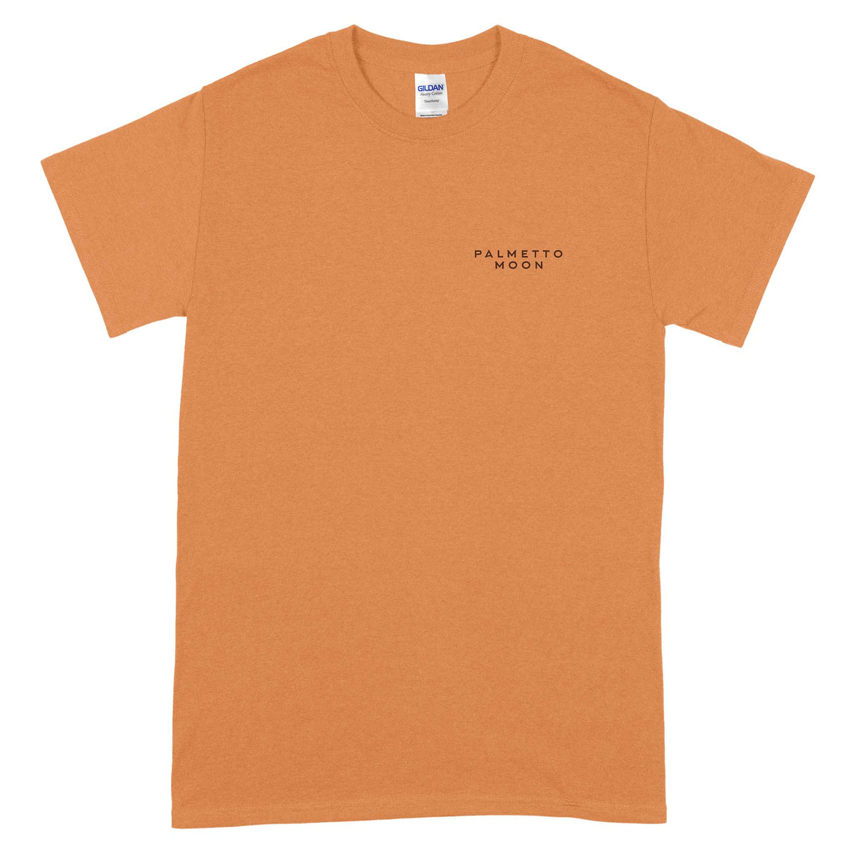 Front view of tangerine Palmetto Moon t-shirt with small black logo text on the left chest.