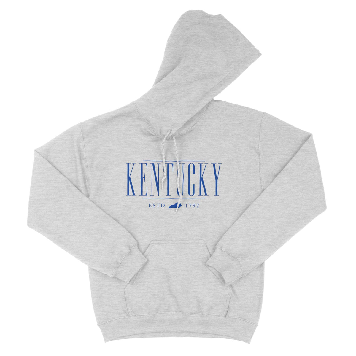 Light gray hoodie with ‘Kentucky ESTD 1792’ printed in blue across the chest, shown laid flat with front pocket and drawstring hood visible