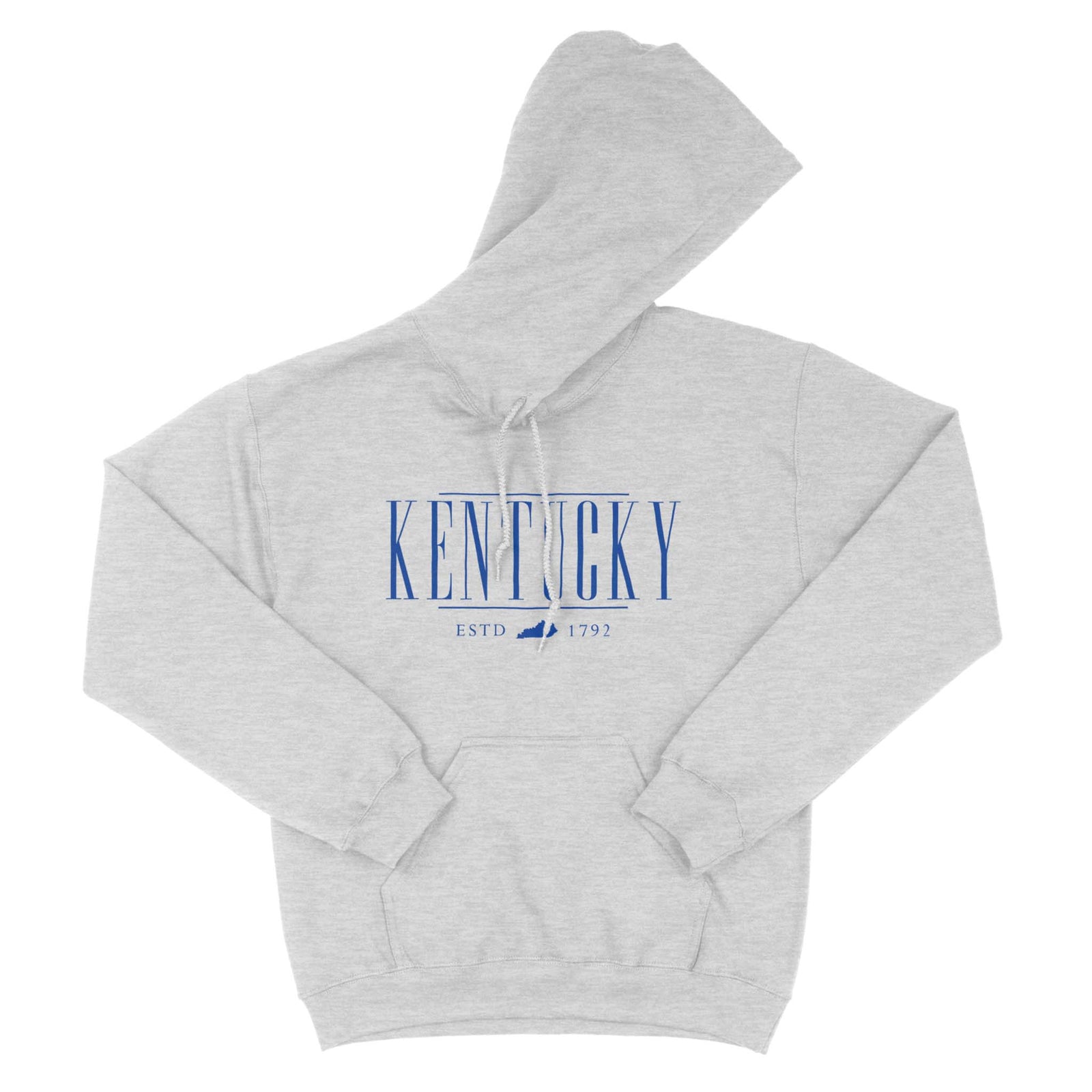 Light gray hoodie with ‘Kentucky ESTD 1792’ printed in blue across the chest, shown laid flat with front pocket and drawstring hood visible