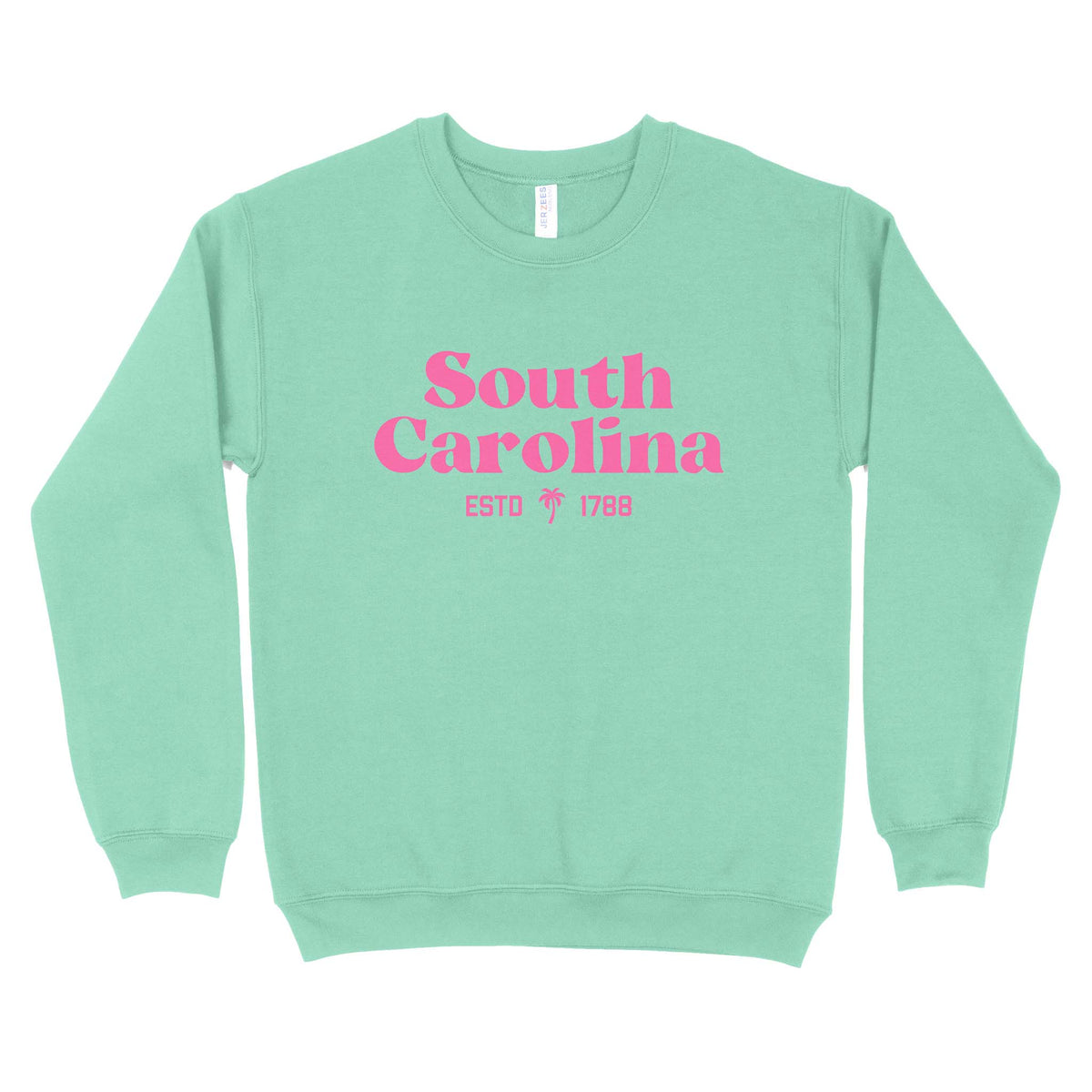 Mint green crewneck sweatshirt with bright pink “South Carolina ESTD 1788” text and small palm tree graphic on front.