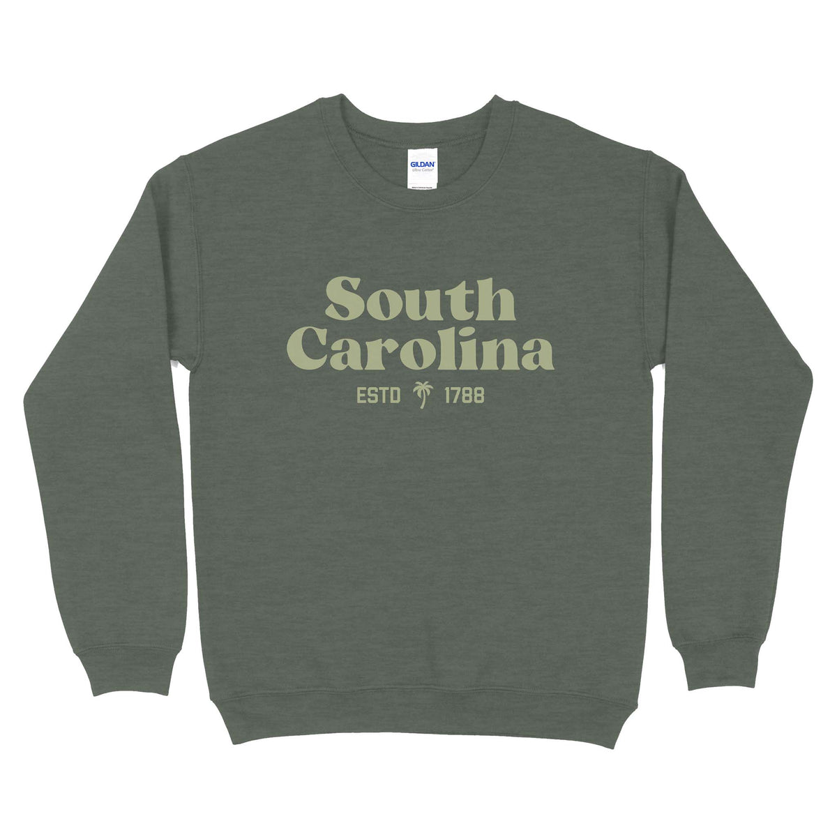 Heathered dark green crewneck sweatshirt with tan “South Carolina ESTD 1788” text and palm tree graphic on chest.