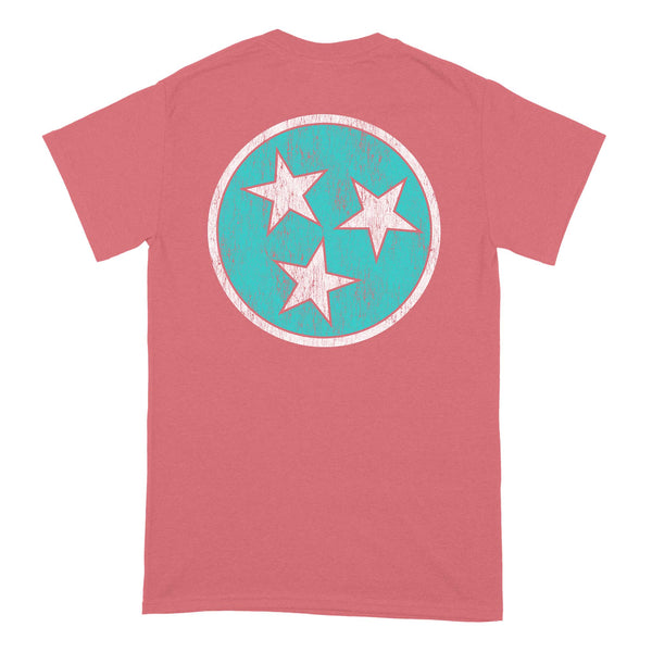  Back of coral short sleeve t-shirt with large distressed teal circle and three white stars inside.