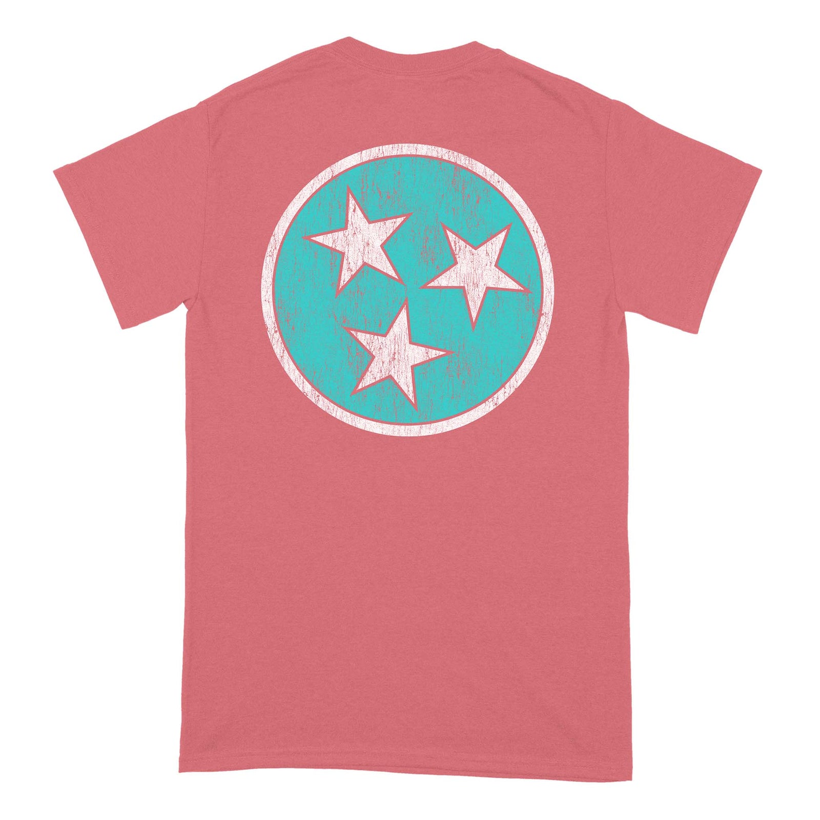 Back of coral short sleeve t-shirt with large distressed teal circle and three white stars inside.