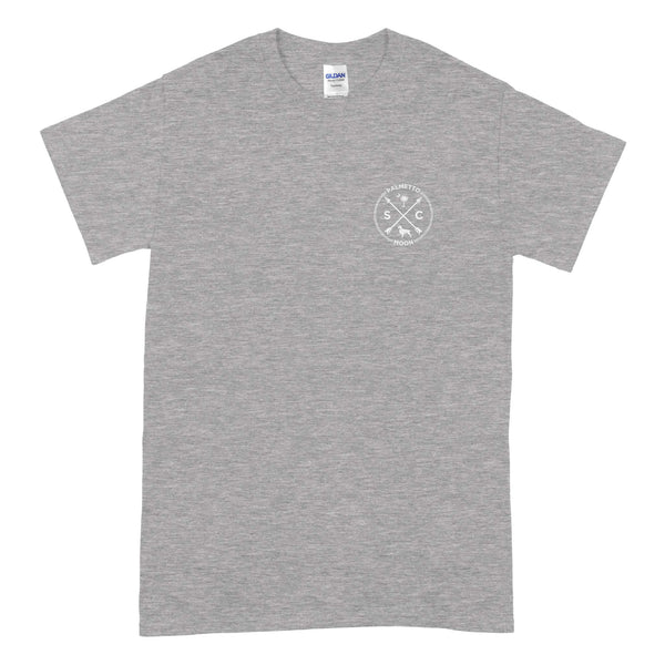  Front of heather gray short sleeve t-shirt with white crossed arrows logo, “SC,” Palmetto Moon text, palm tree, and dog.