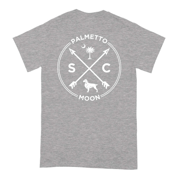  Back of heather gray short sleeve t-shirt with large white South Carolina design featuring arrows, dog, and Palmetto Moon text.