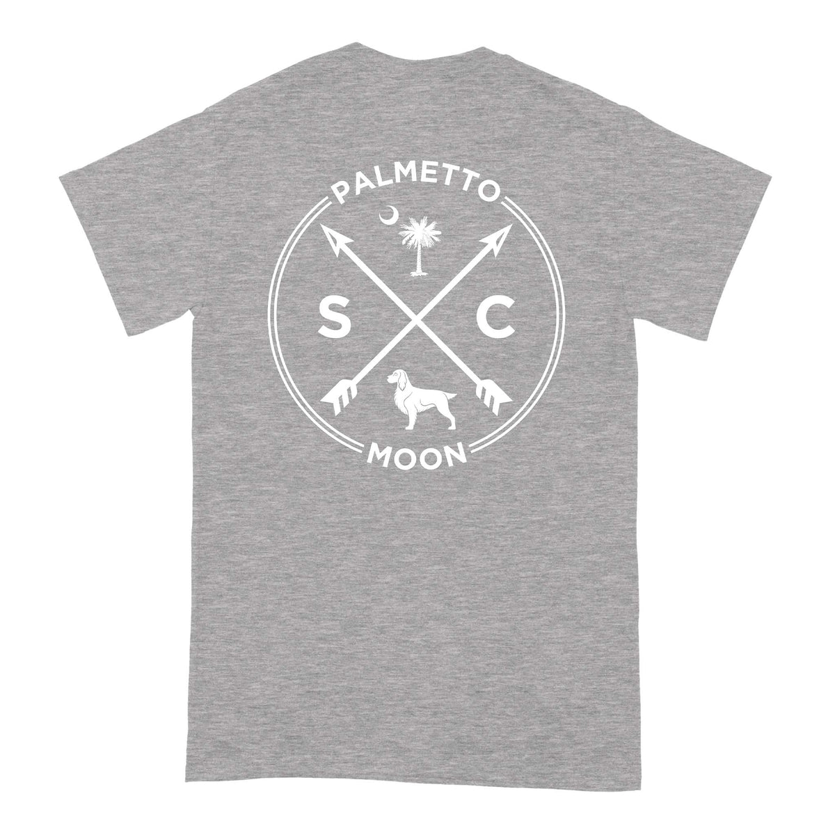 Back of heather gray short sleeve t-shirt with large white South Carolina design featuring arrows, dog, and Palmetto Moon text.