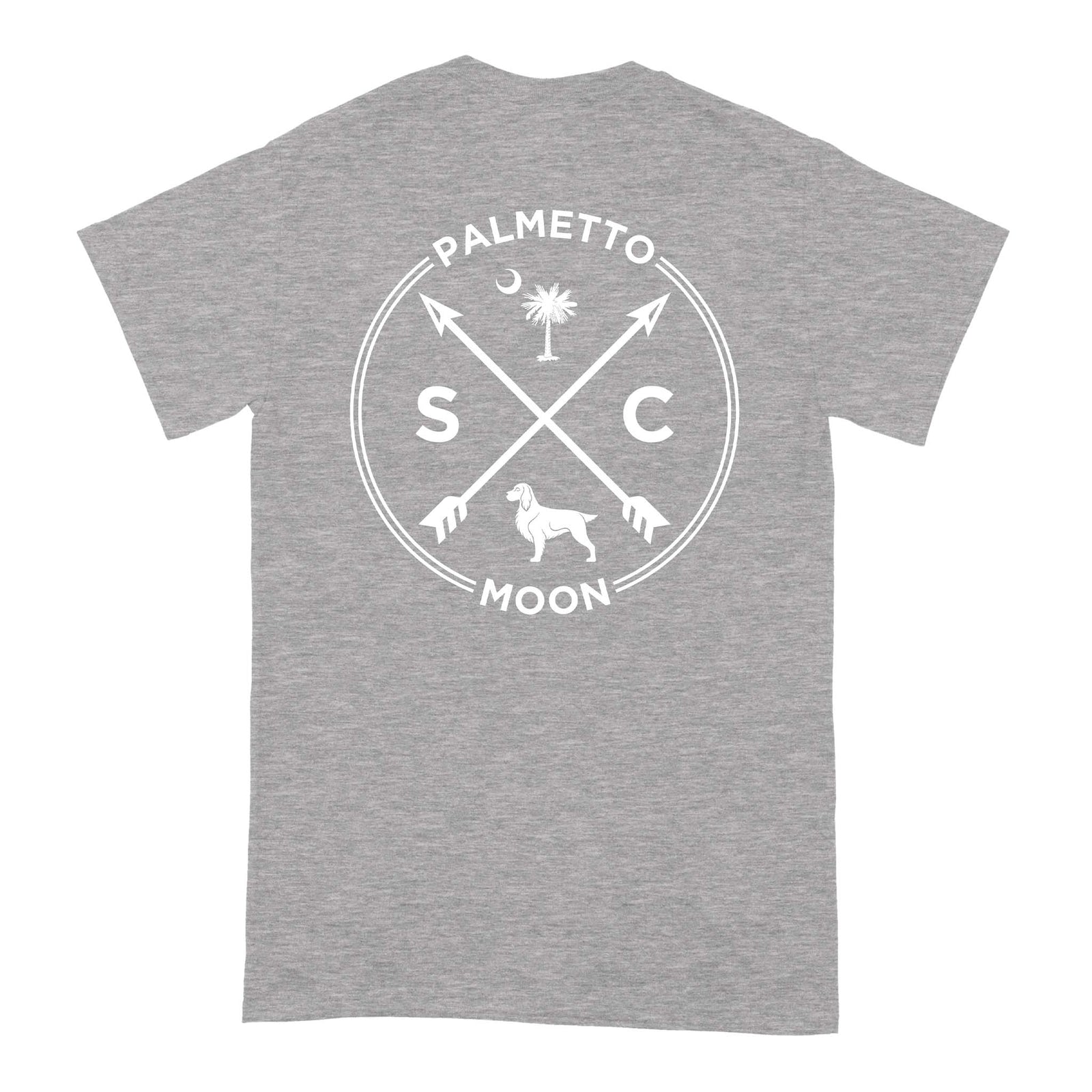 Back of heather gray short sleeve t-shirt with large white South Carolina design featuring arrows, dog, and Palmetto Moon text.