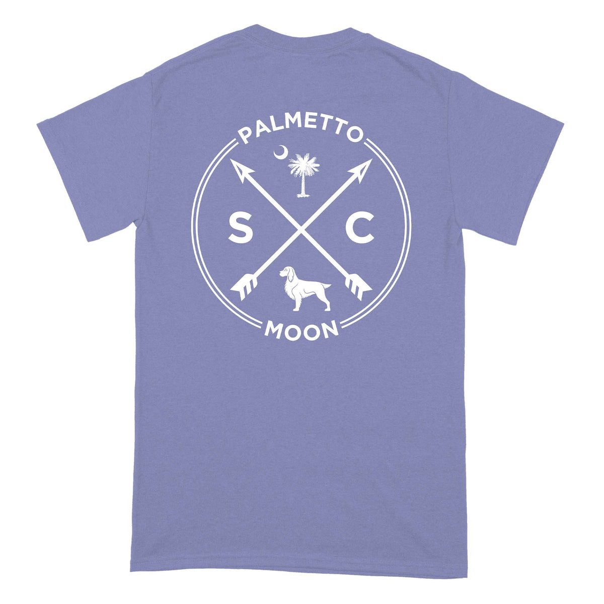 Back of violet short sleeve t-shirt with large white South Carolina design featuring arrows, dog, and Palmetto Moon branding.