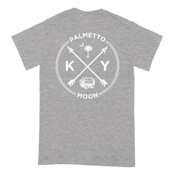  Back of heather grey short sleeve t-shirt with large white Kentucky design, crossed arrows, KY letters, Palmetto Moon text, and bourbon barrel.