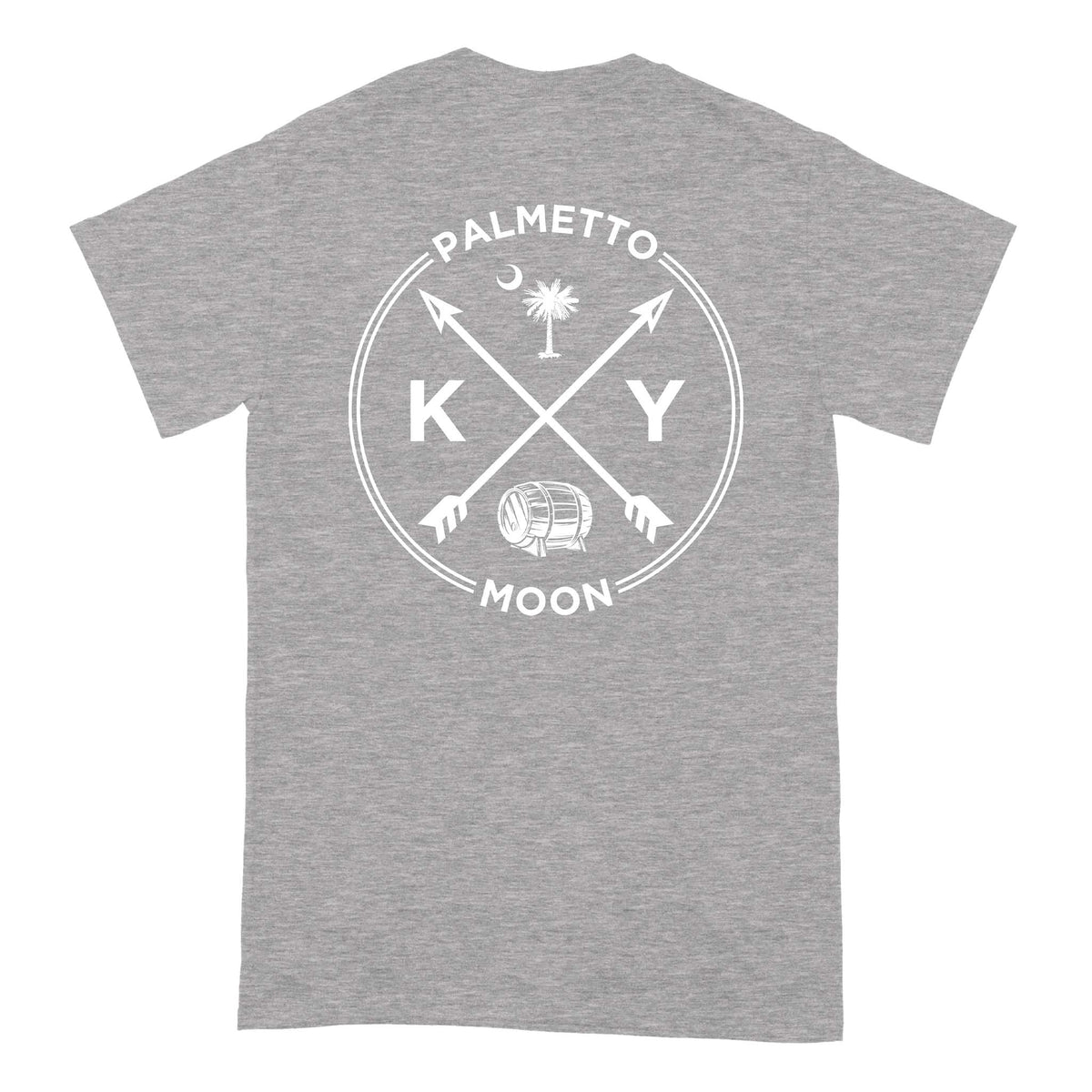 Back of heather grey short sleeve t-shirt with large white Kentucky design, crossed arrows, KY letters, Palmetto Moon text, and bourbon barrel.