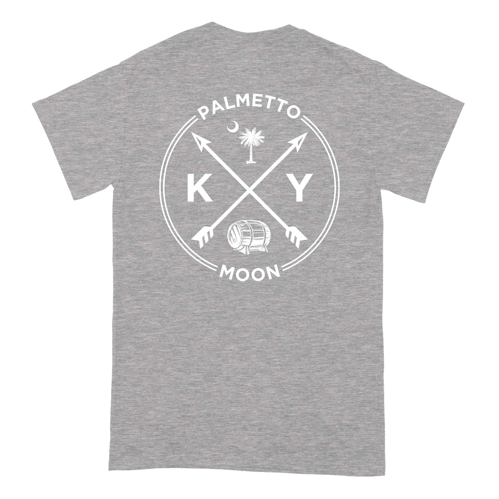 Back of heather grey short sleeve t-shirt with large white Kentucky design, crossed arrows, KY letters, Palmetto Moon text, and bourbon barrel.