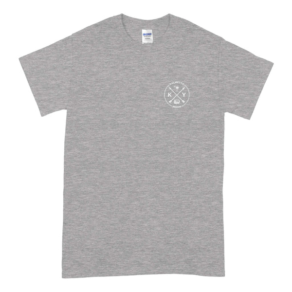  Front of heather gray short sleeve t-shirt with white crossed arrows logo featuring "KY," Palmetto Moon text, and a bourbon barrel.