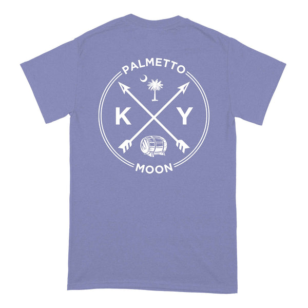  Back of violet short sleeve t-shirt with large white Kentucky design, crossed arrows, KY letters, Palmetto Moon text, and bourbon barrel.
