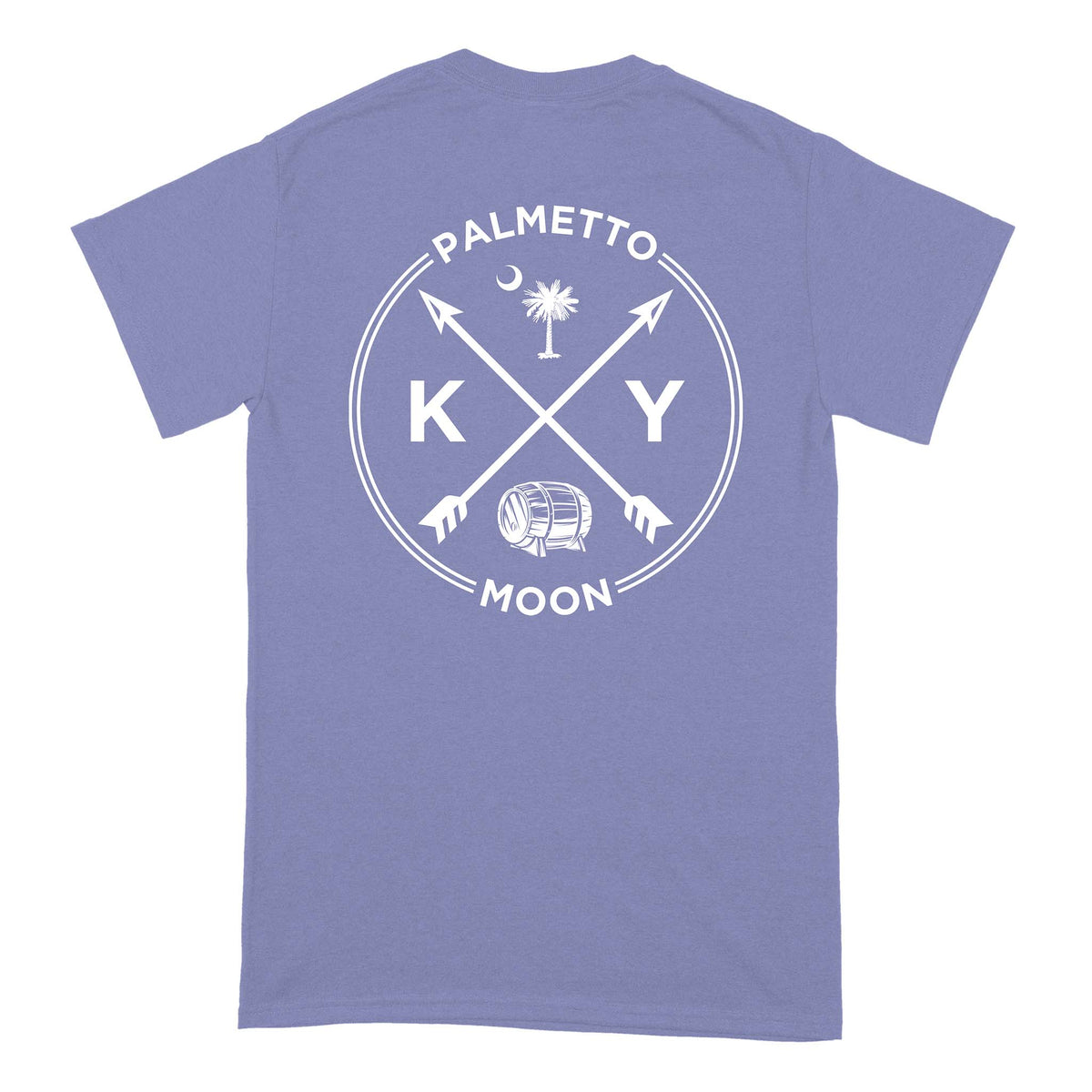 Back of violet short sleeve t-shirt with large white Kentucky design, crossed arrows, KY letters, Palmetto Moon text, and bourbon barrel.