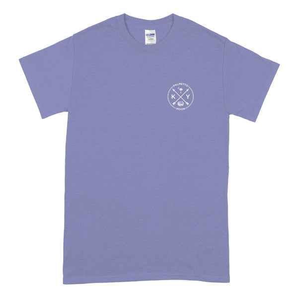  Front of violet short sleeve t-shirt with white crossed arrows logo featuring "KY," Palmetto Moon text, and a bourbon barrel.