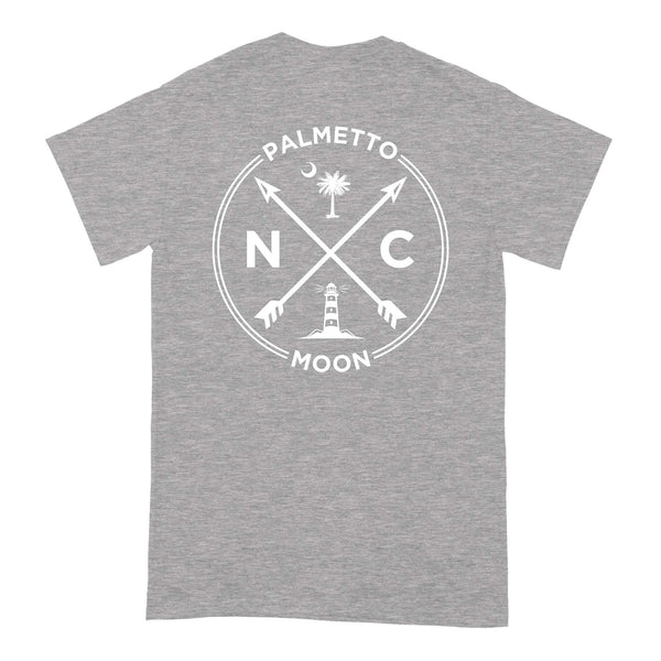  Palmetto Moon sport grey t-shirt featuring a large back graphic of NC letters, crossed arrows, palm tree, crescent moon, and lighthouse emblem.