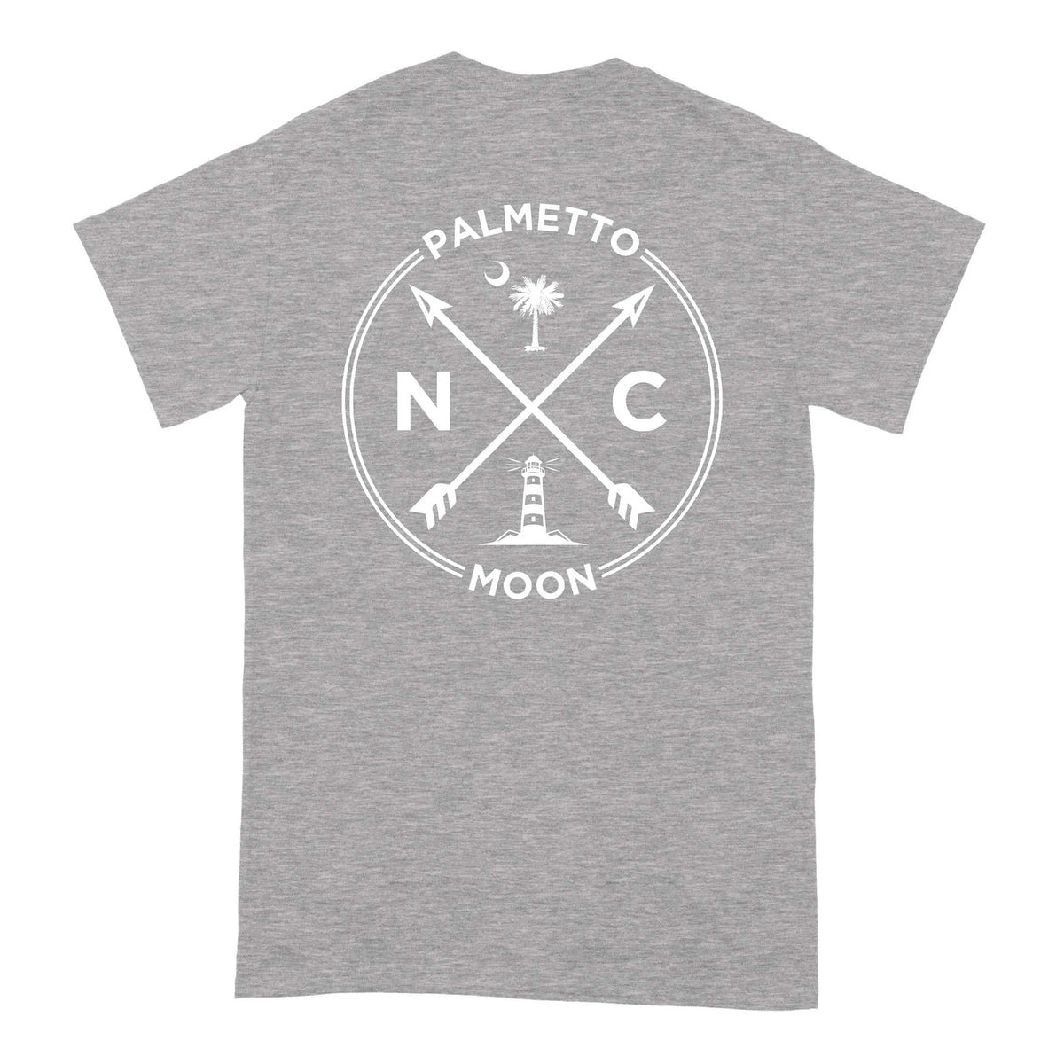 Palmetto Moon sport grey t-shirt featuring a large back graphic of NC letters, crossed arrows, palm tree, crescent moon, and lighthouse emblem.