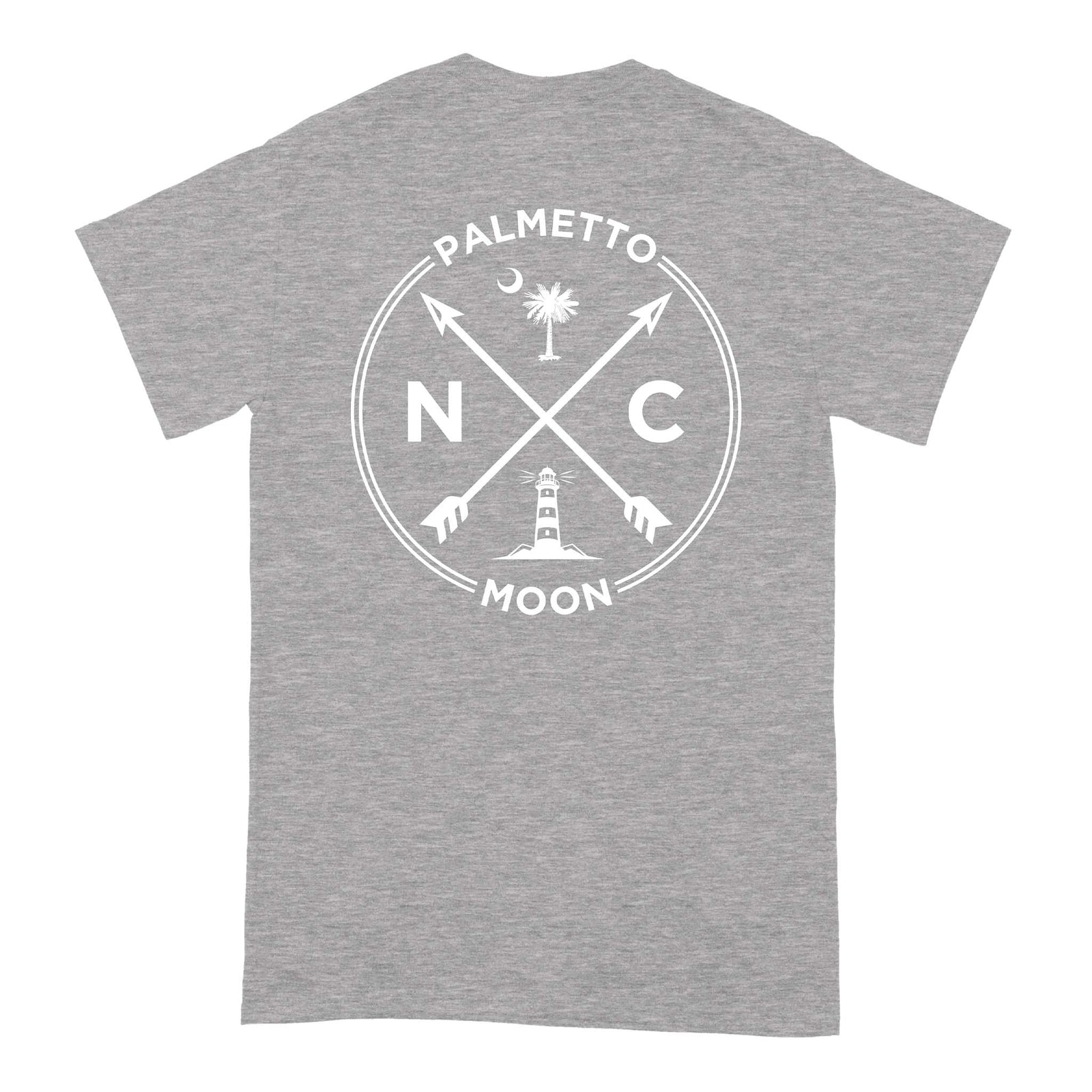 Palmetto Moon sport grey t-shirt featuring a large back graphic of NC letters, crossed arrows, palm tree, crescent moon, and lighthouse emblem.